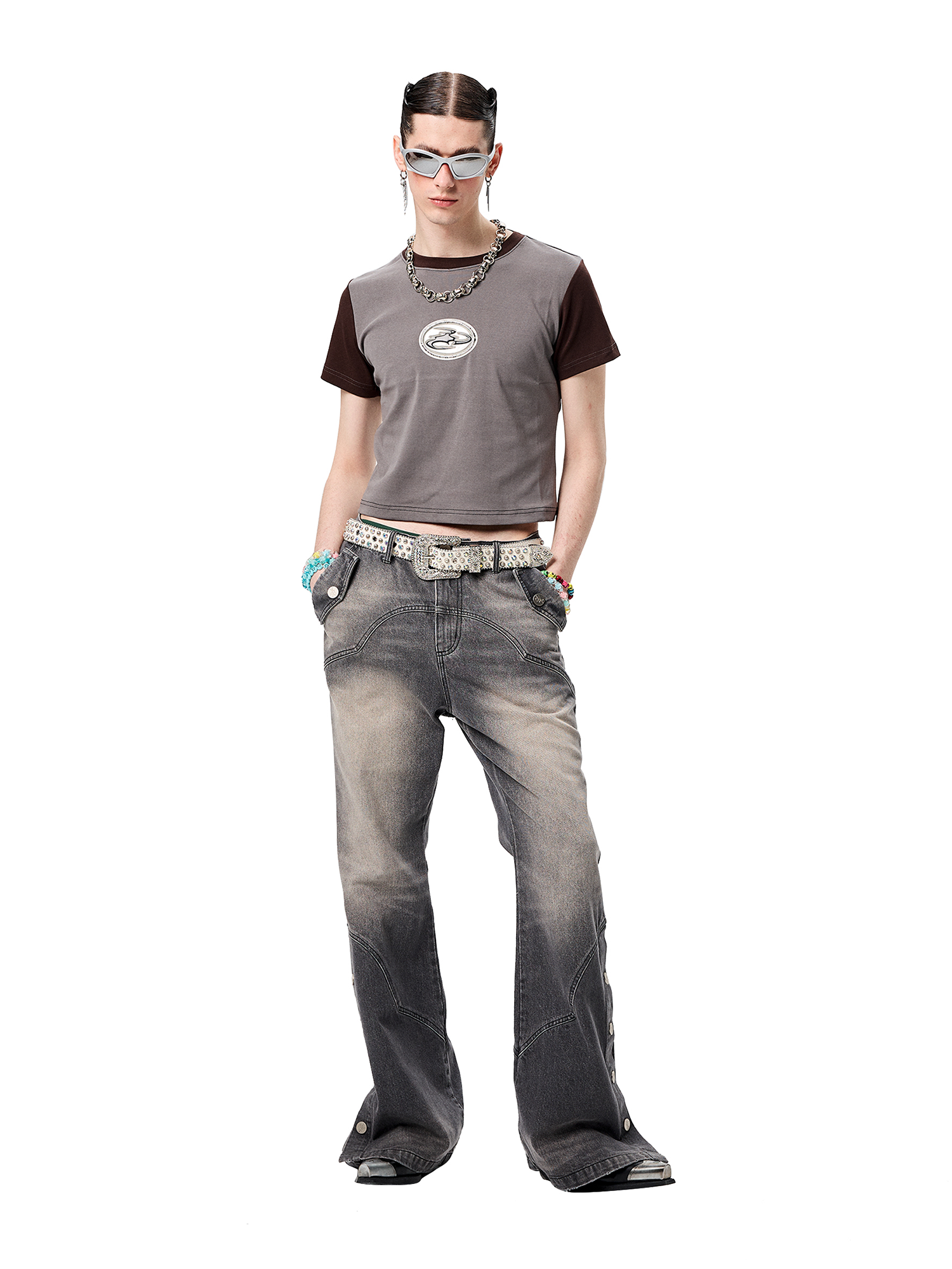 ERISSTOFF Washed Detachable Flared Jeans Gray