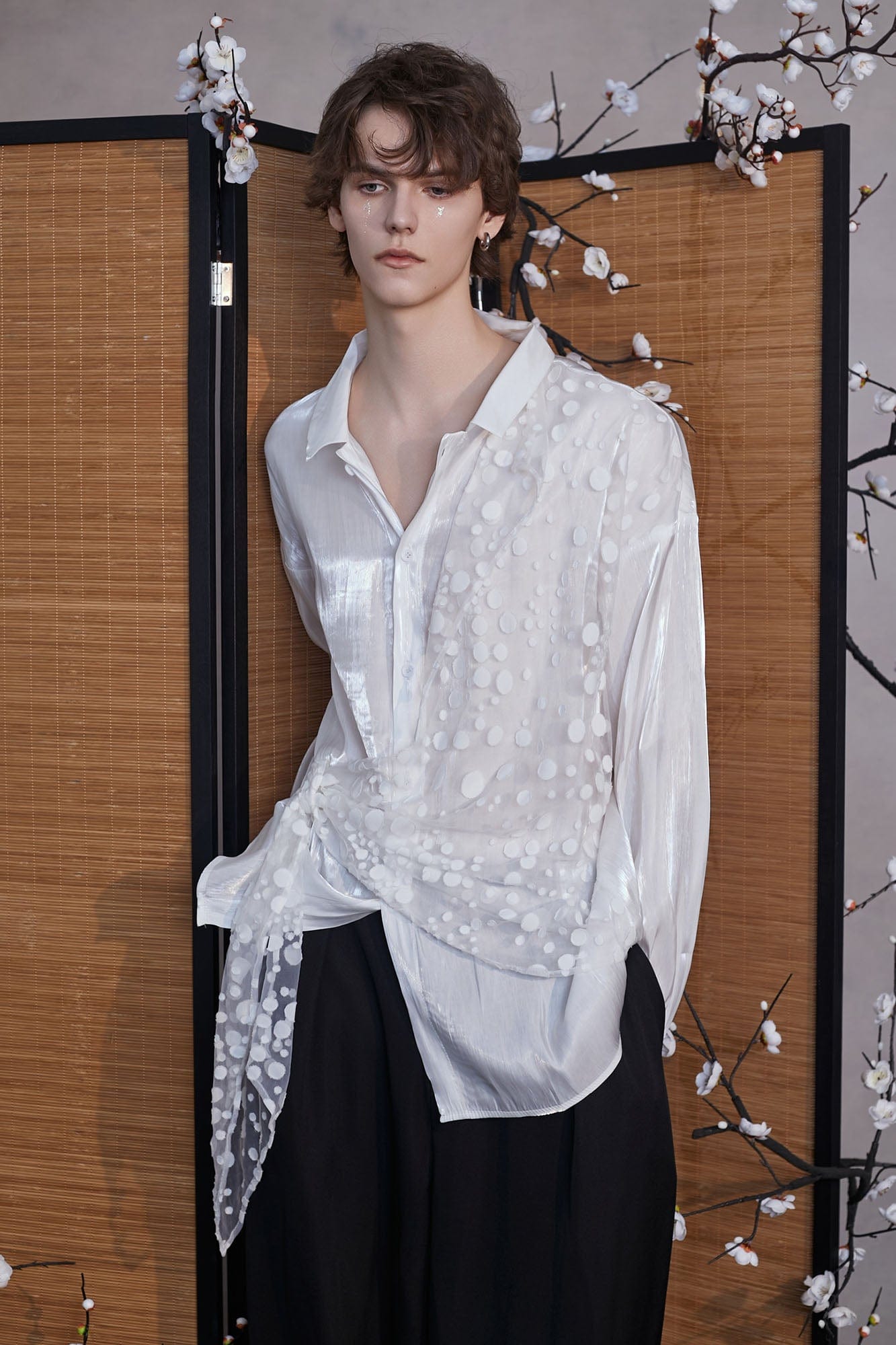 JIECHI Dots Tulle Drape Iridescent Shirt, premium urban and streetwear designers apparel on PROJECTISR.com, JIECHI