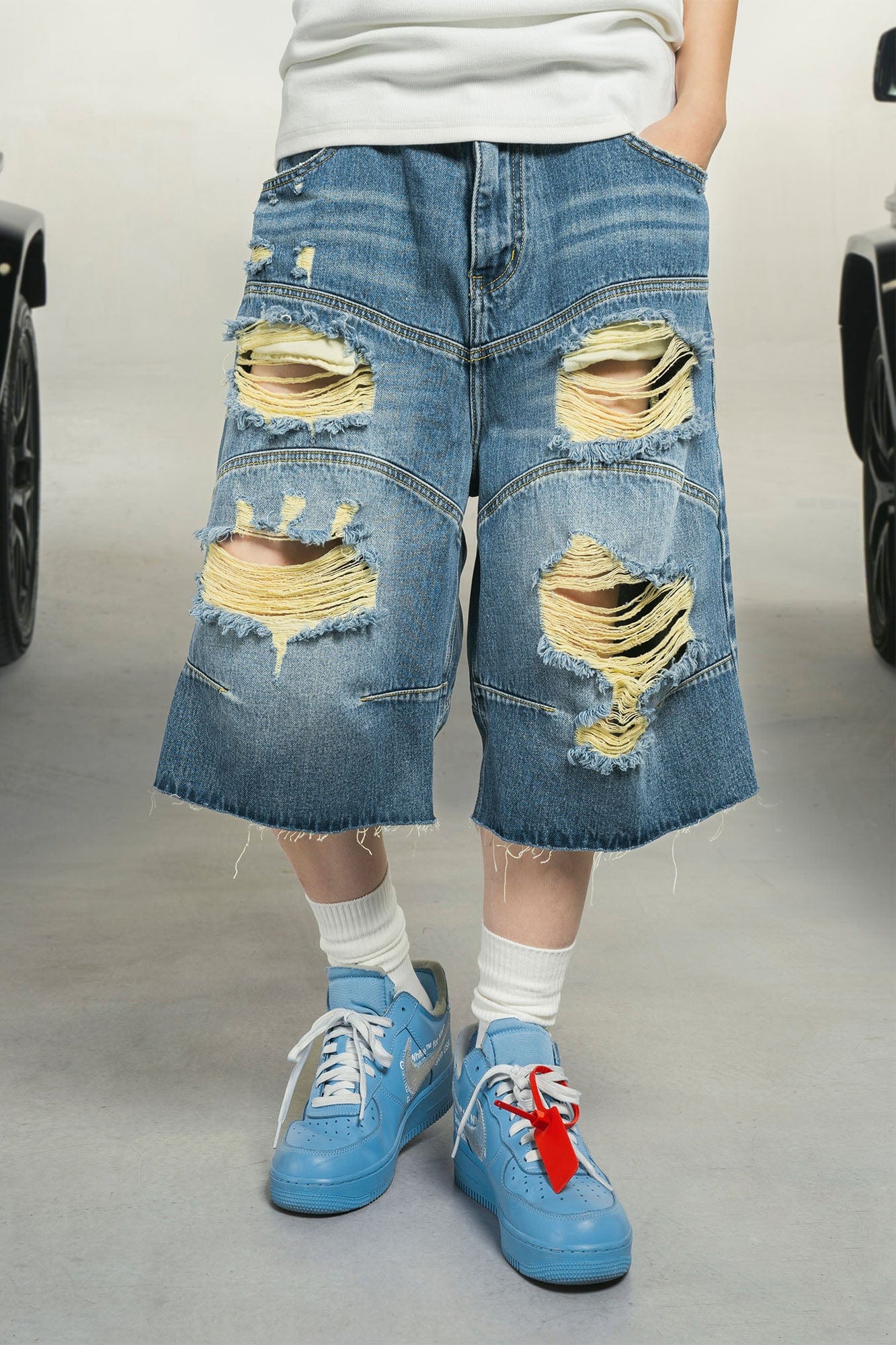 MAKEMORE Distressed Arc Spliced Ripped Denim Shorts, premium urban and streetwear designers apparel on PROJECTISR.com, MAKEMORE
