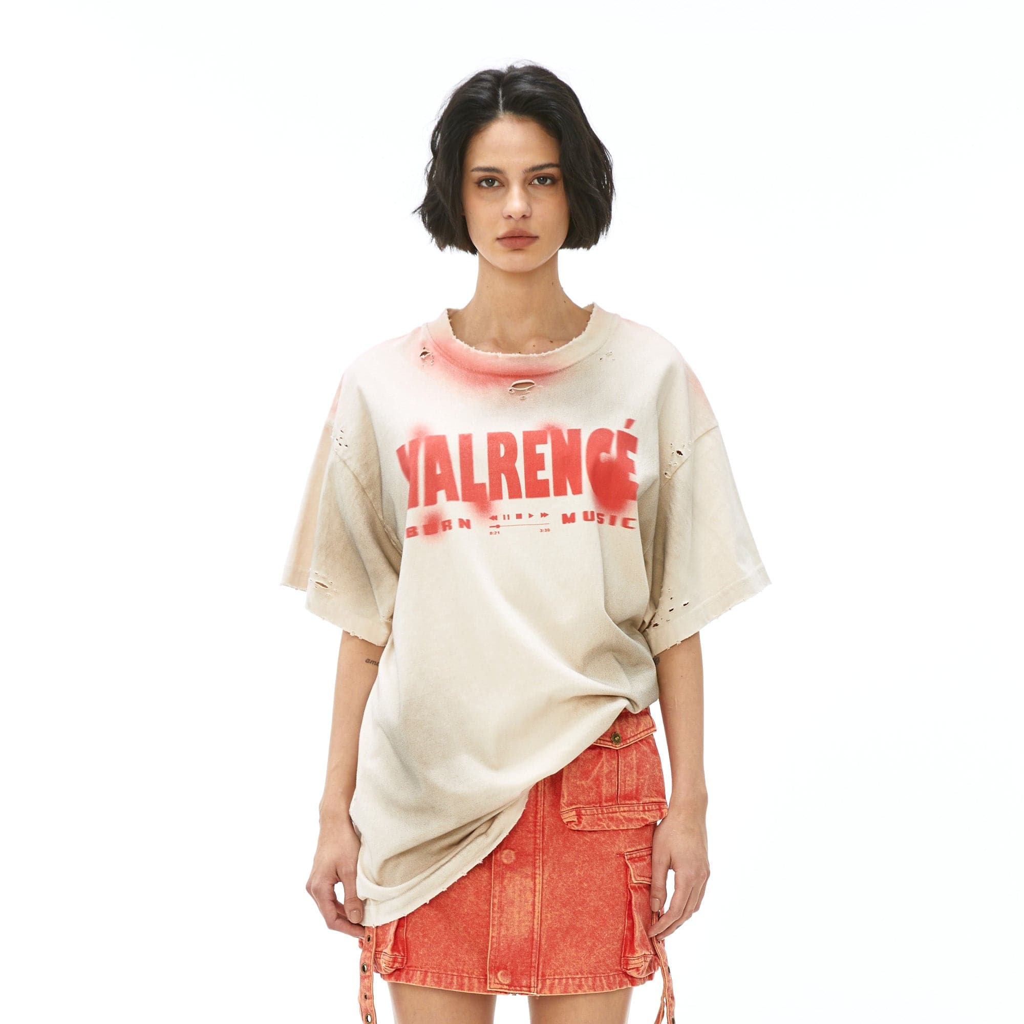 VANN VALRENCE Distressed Washed Spray Faded LOGO T-Shirt