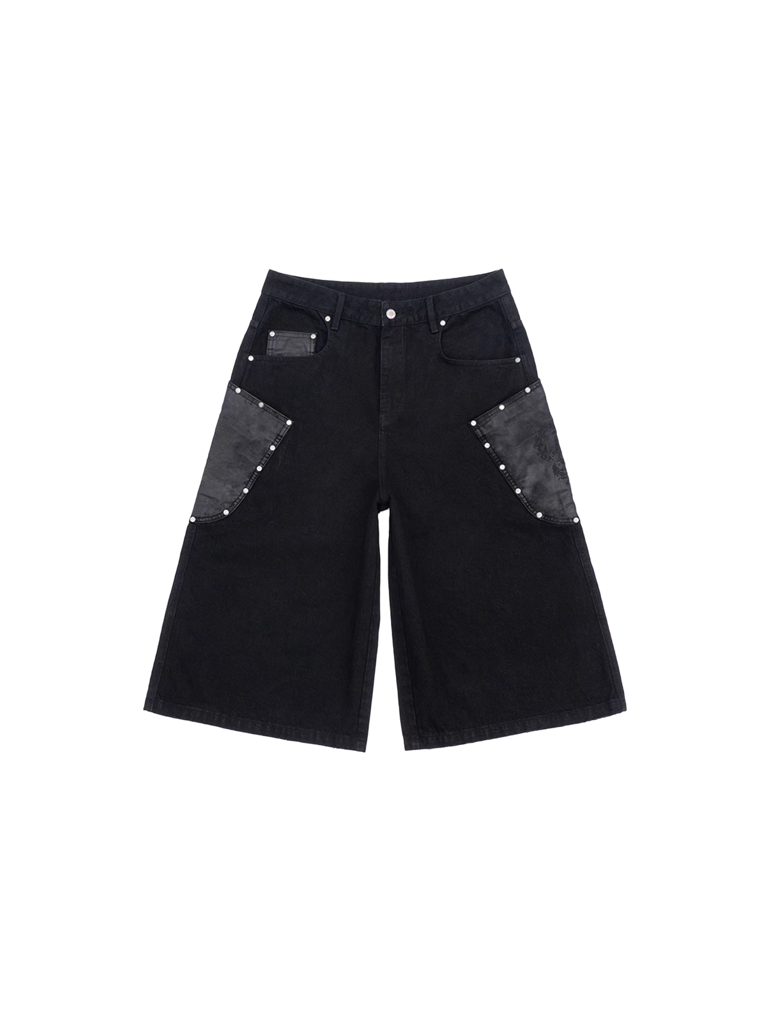IN EXISTENCE Washed Rivet-Trim Patch Denim Shorts, premium urban and streetwear designers apparel on PROJECTISR.com, IN EXISTENCE