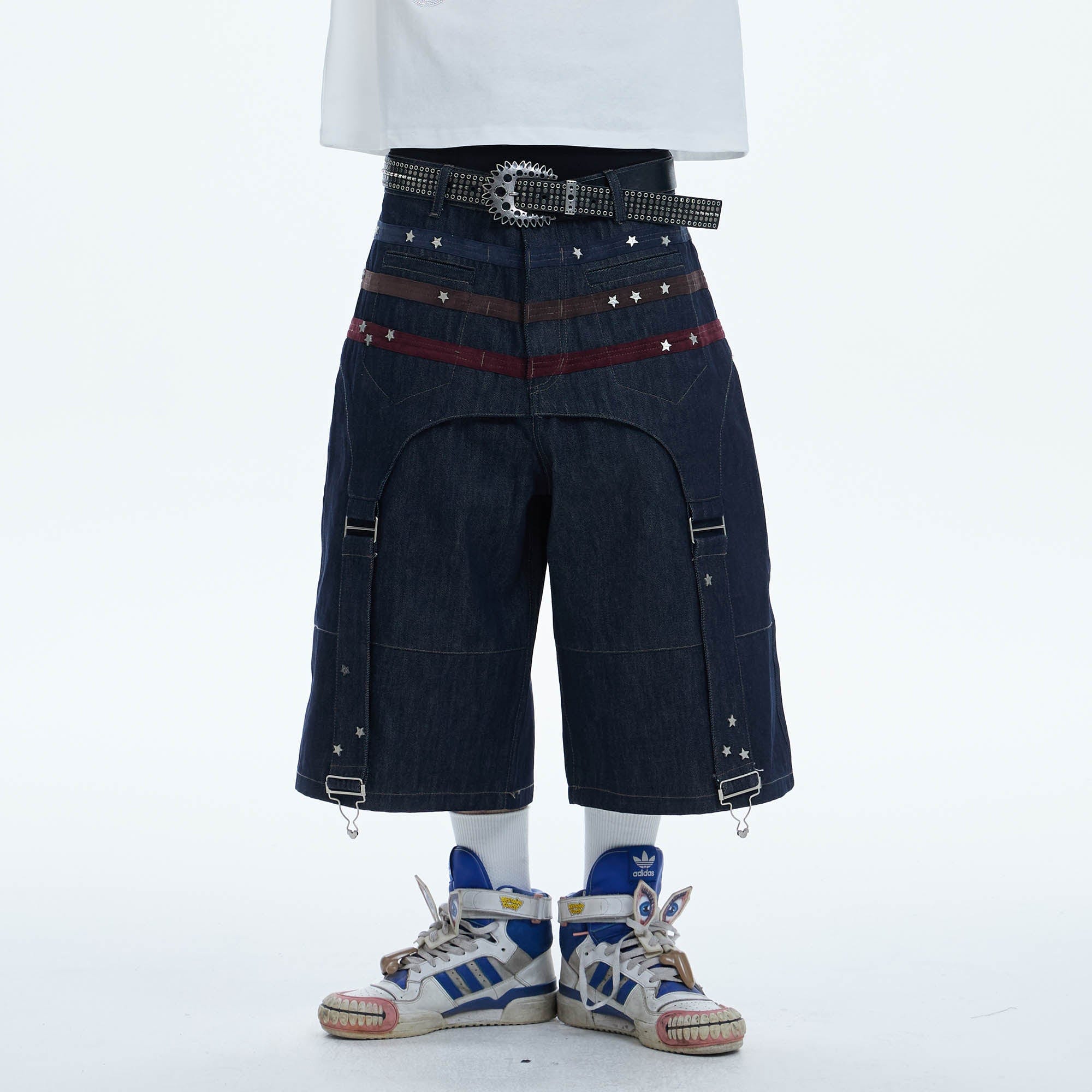 DND4DES Star-Rivet Harness-Layered Denim Shorts, premium urban and streetwear designers apparel on PROJECTISR.com, DND4DES