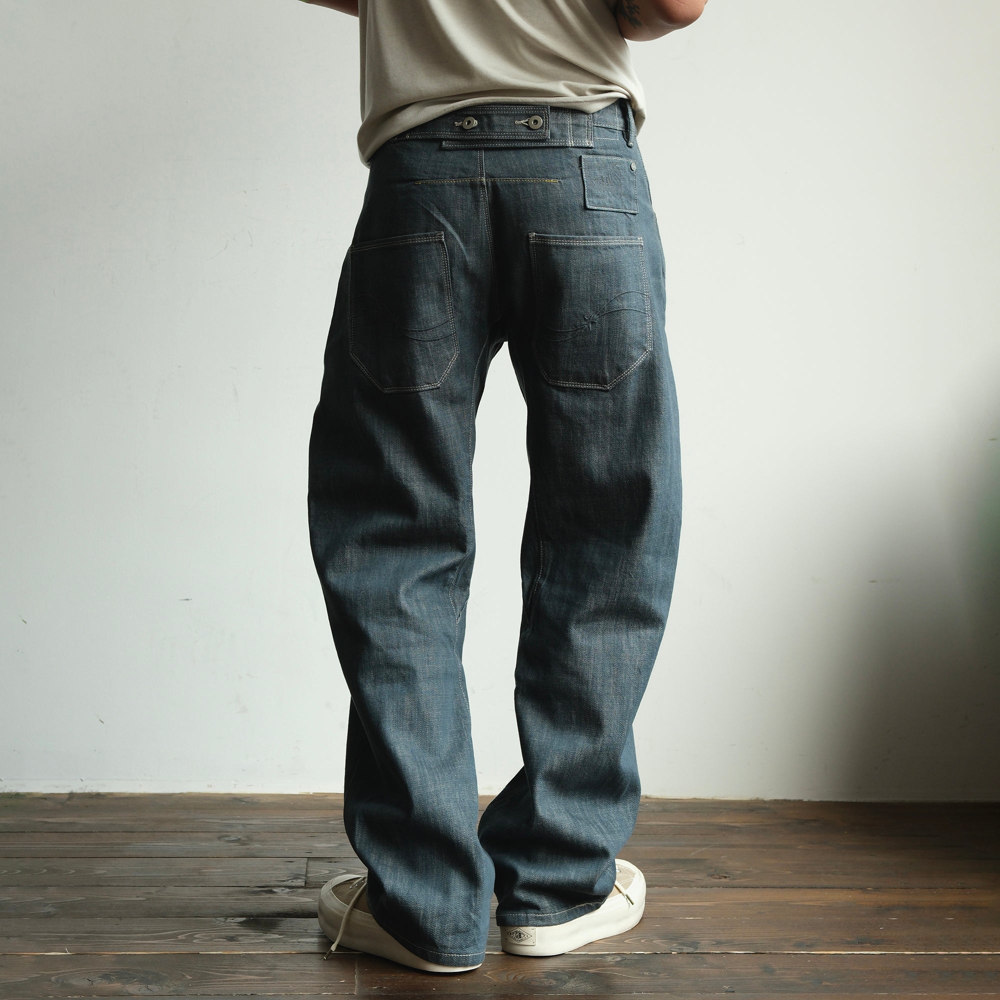 NEIGBORL Back-Buckle Washed Raw Denim Pants, premium urban and streetwear designers apparel on PROJECTISR.com, NEIGBORL