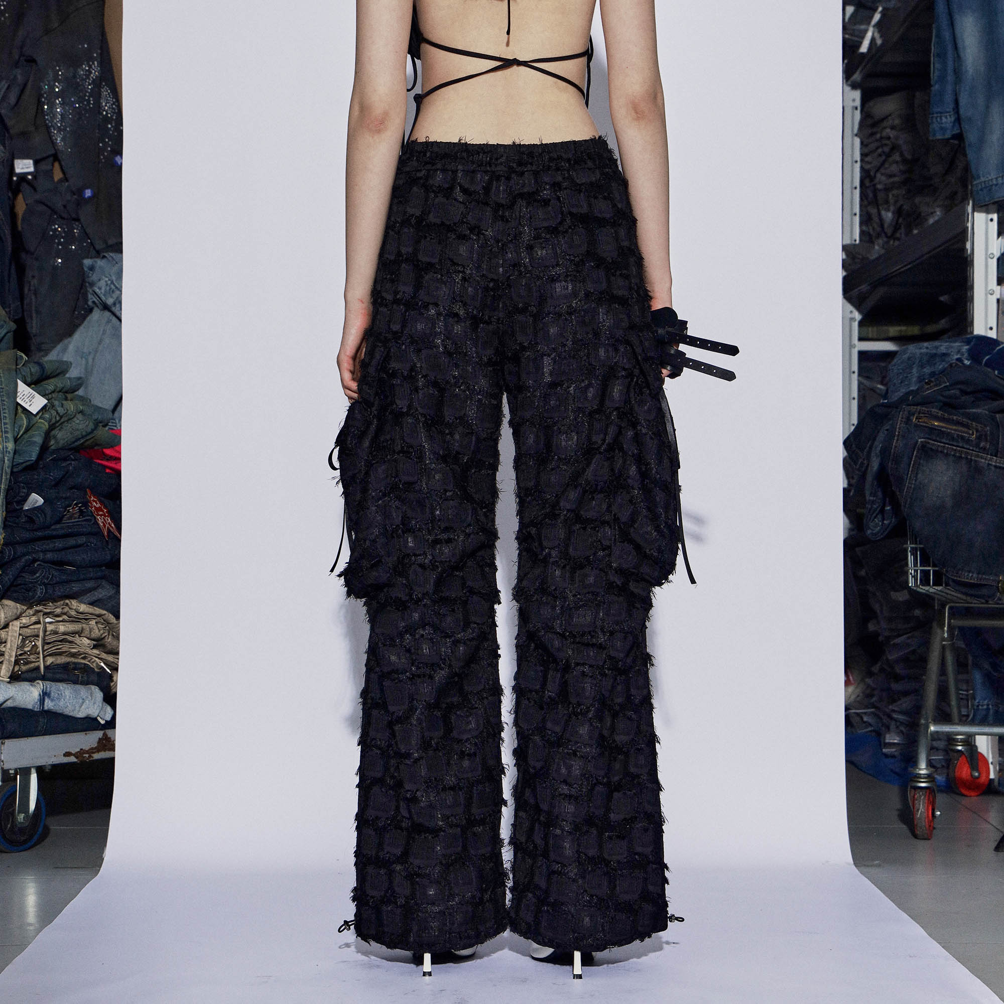 DND4DESxFaychui Fuzzy Grid Multi-Pocket Low-Rise Pants, premium urban and streetwear designers apparel on PROJECTISR.com, DND4DES
