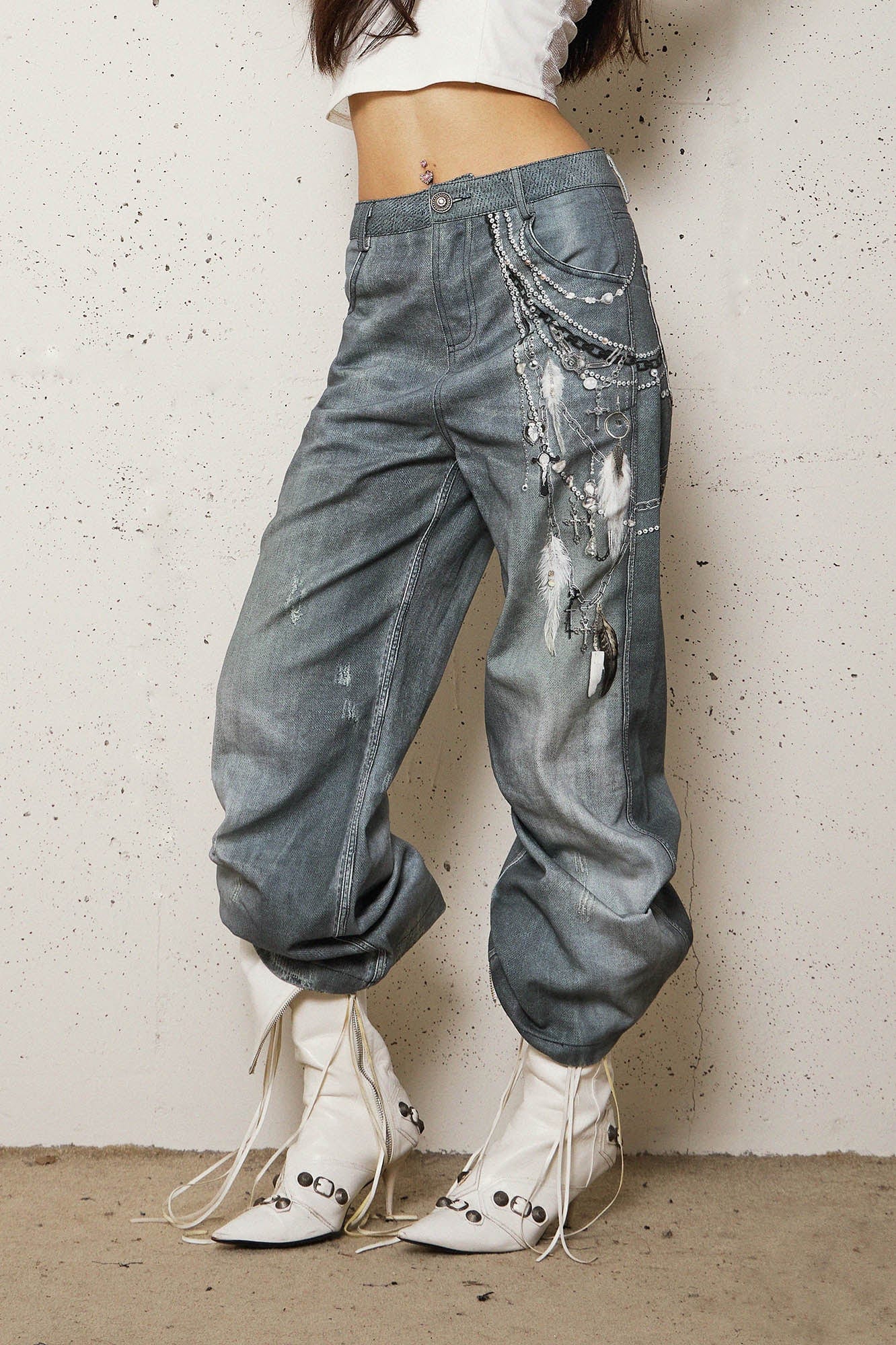 DND4DESxFaychui Pearl Chain Graphics Distressed Flared Jeans, premium urban and streetwear designers apparel on PROJECTISR.com, DND4DES