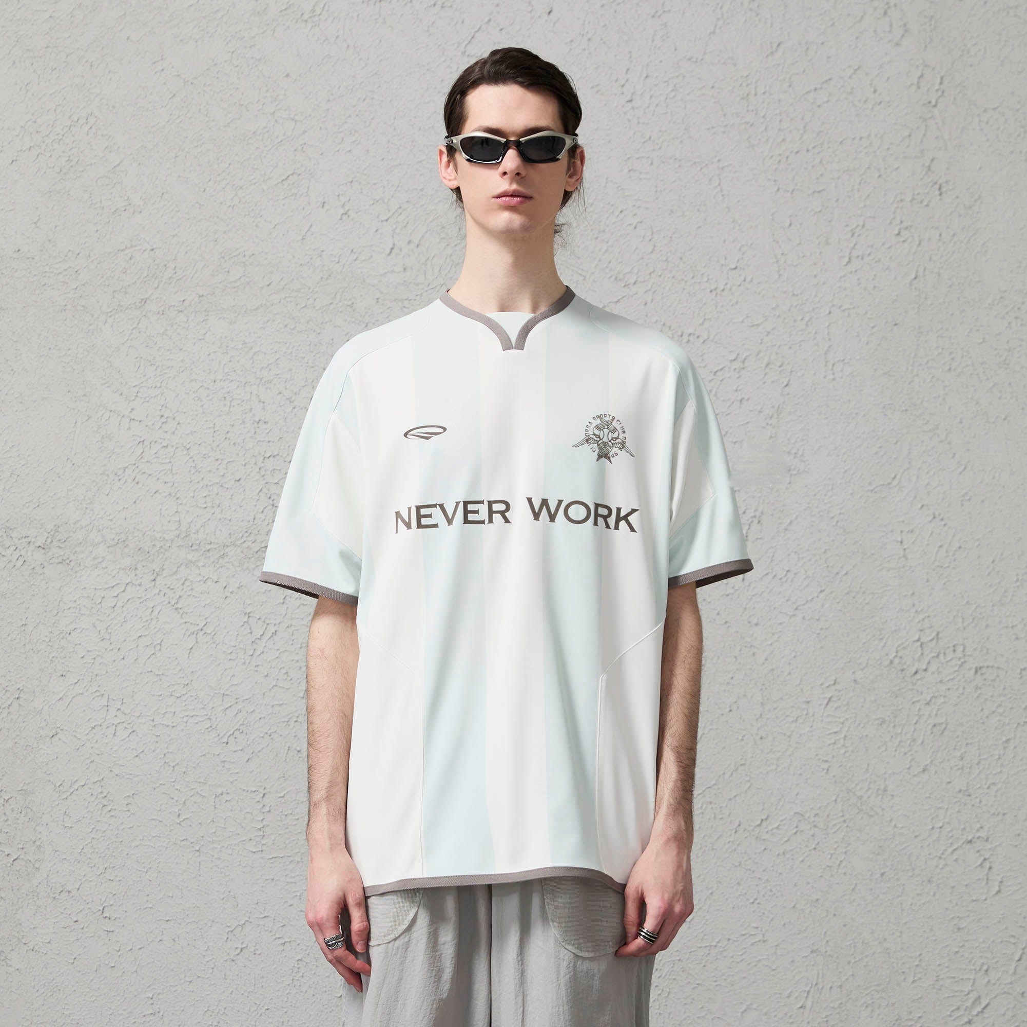 ORGANIC EMOTION Never Work Slogan Stripes Spliced Jersey, premium urban and streetwear designers apparel on PROJECTISR.com, ORGANIC EMOTION