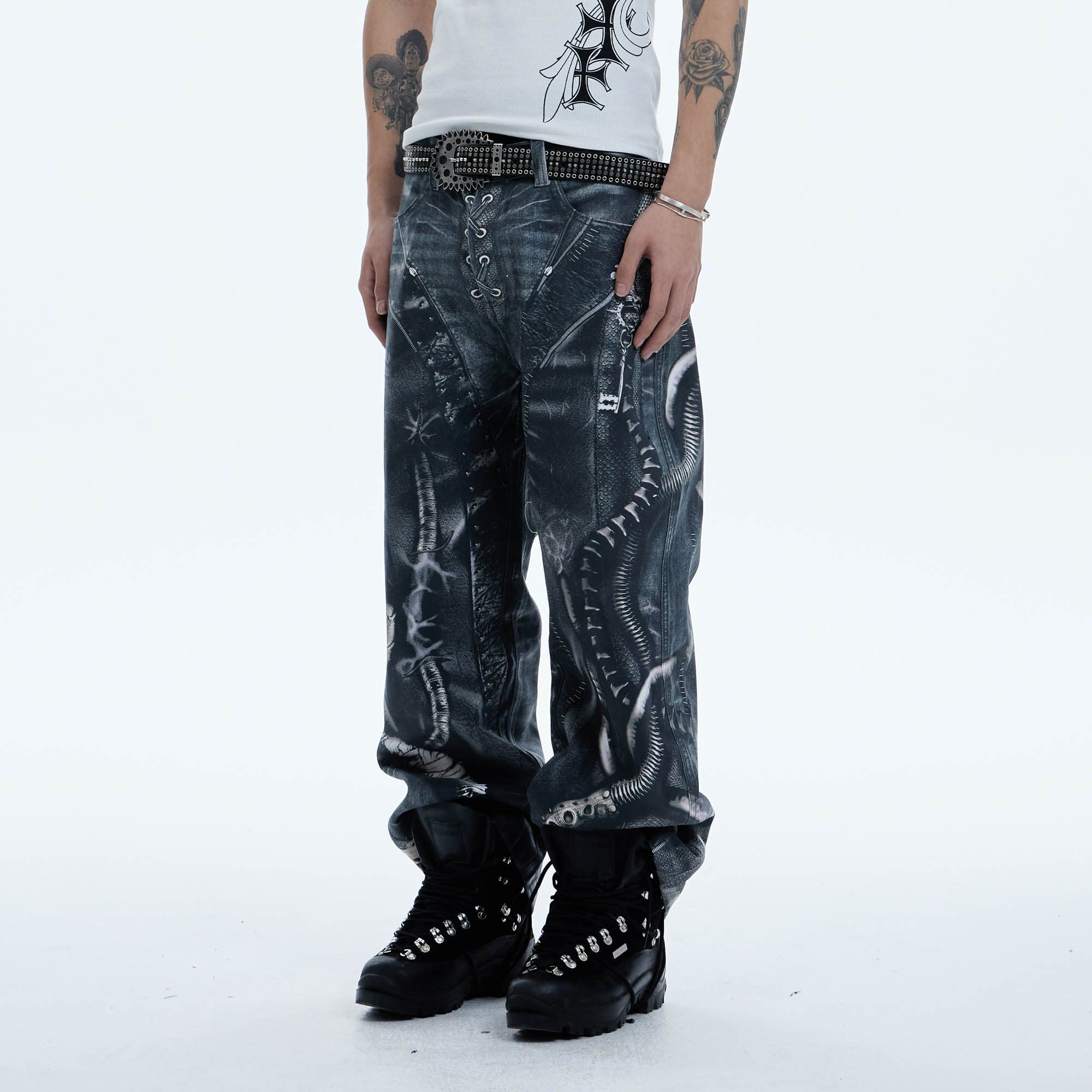 DND4DES Industrial Pipe Lace-Up Graphic Baggy Jeans, premium urban and streetwear designers apparel on PROJECTISR.com, DND4DES