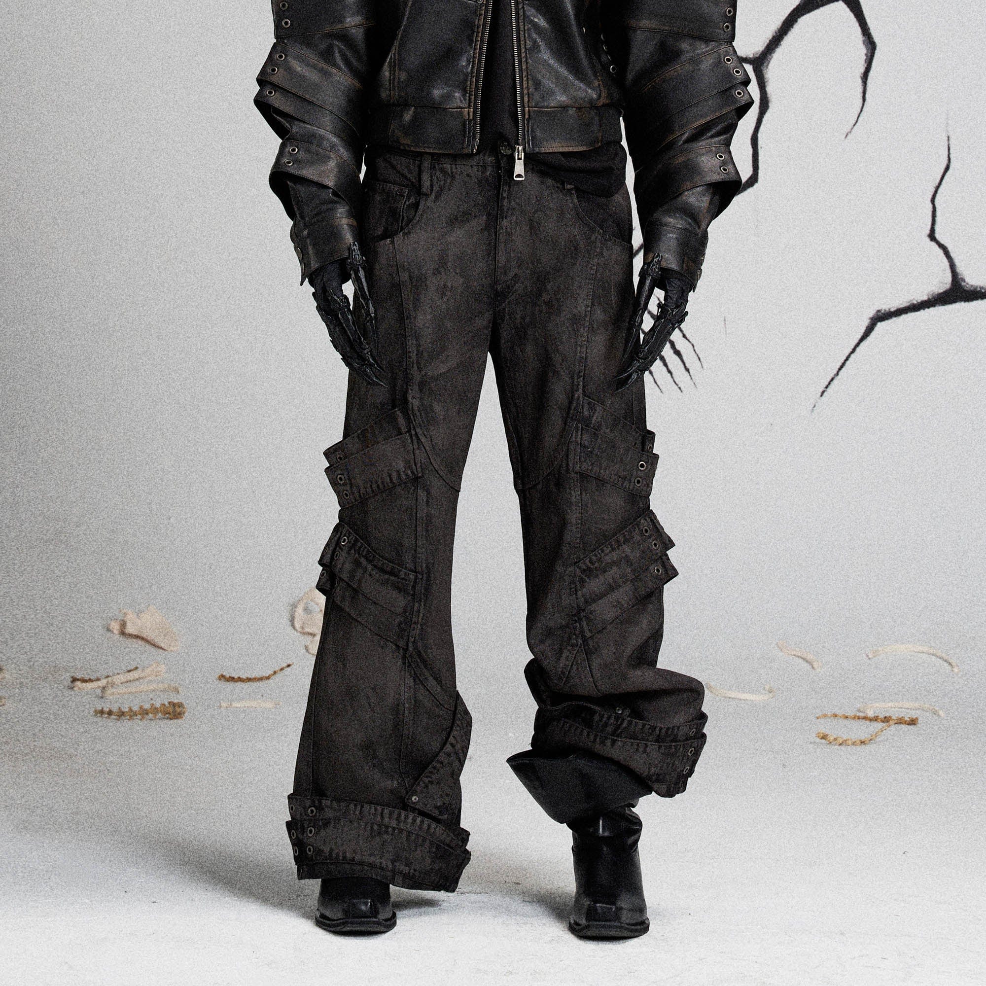 FLYERRER Mutation Layered Strap Distressed Wide-Leg Pants, premium urban and streetwear designers apparel on PROJECTISR.com, FLYERRER