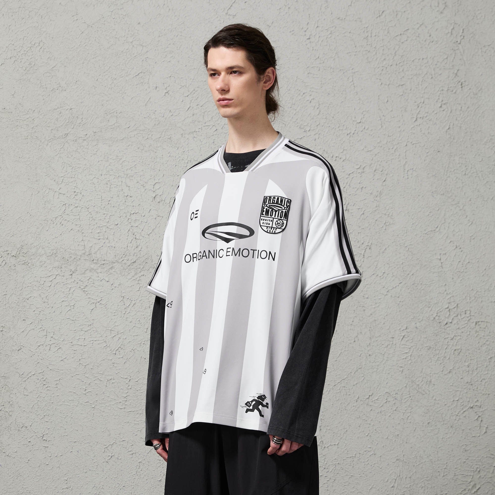 ORGANIC EMOTION Striped Badge Graphics Soccer Jersey, premium urban and streetwear designers apparel on PROJECTISR.com, ORGANIC EMOTION