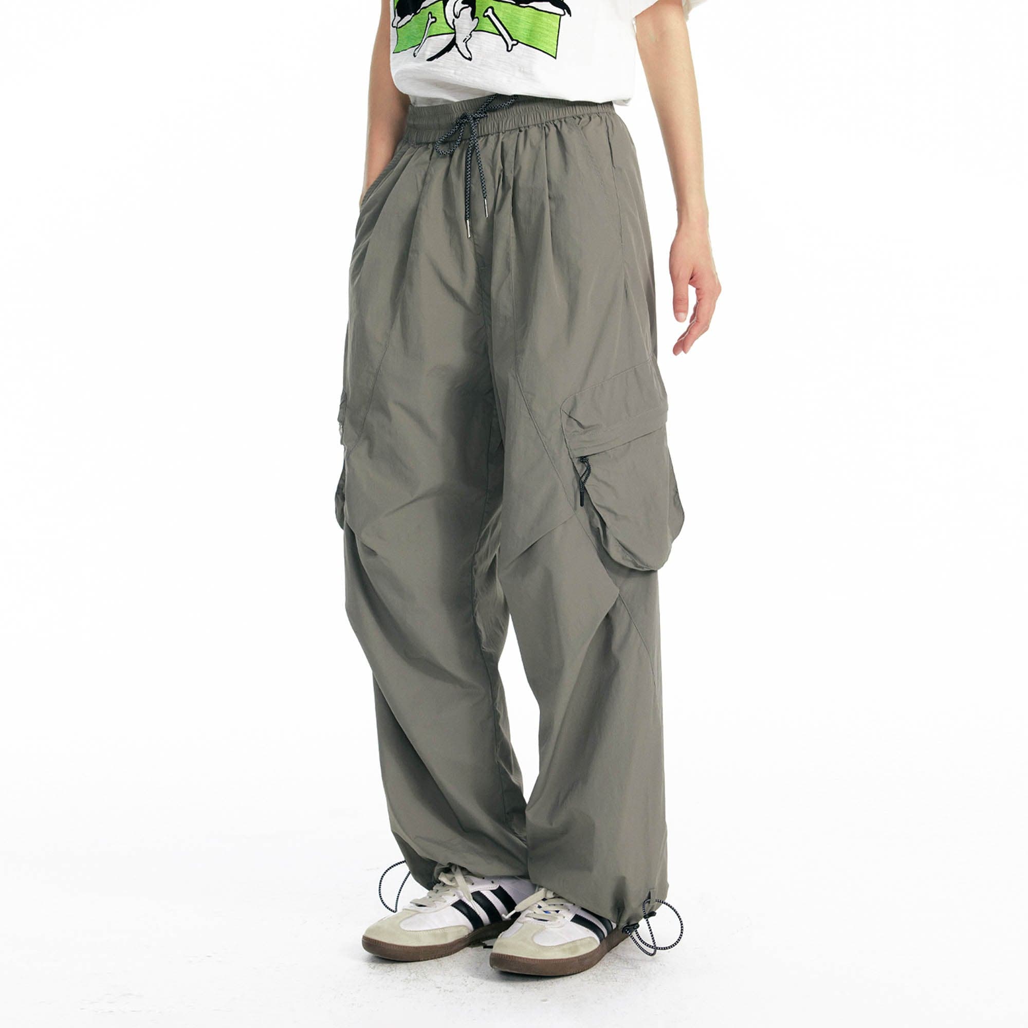 1997 POSTOFFICE Splatter Camo Crinkled Drawstring Cargo Pants, premium urban and streetwear designers apparel on PROJECTISR.com, 1997 POSTOFFICE