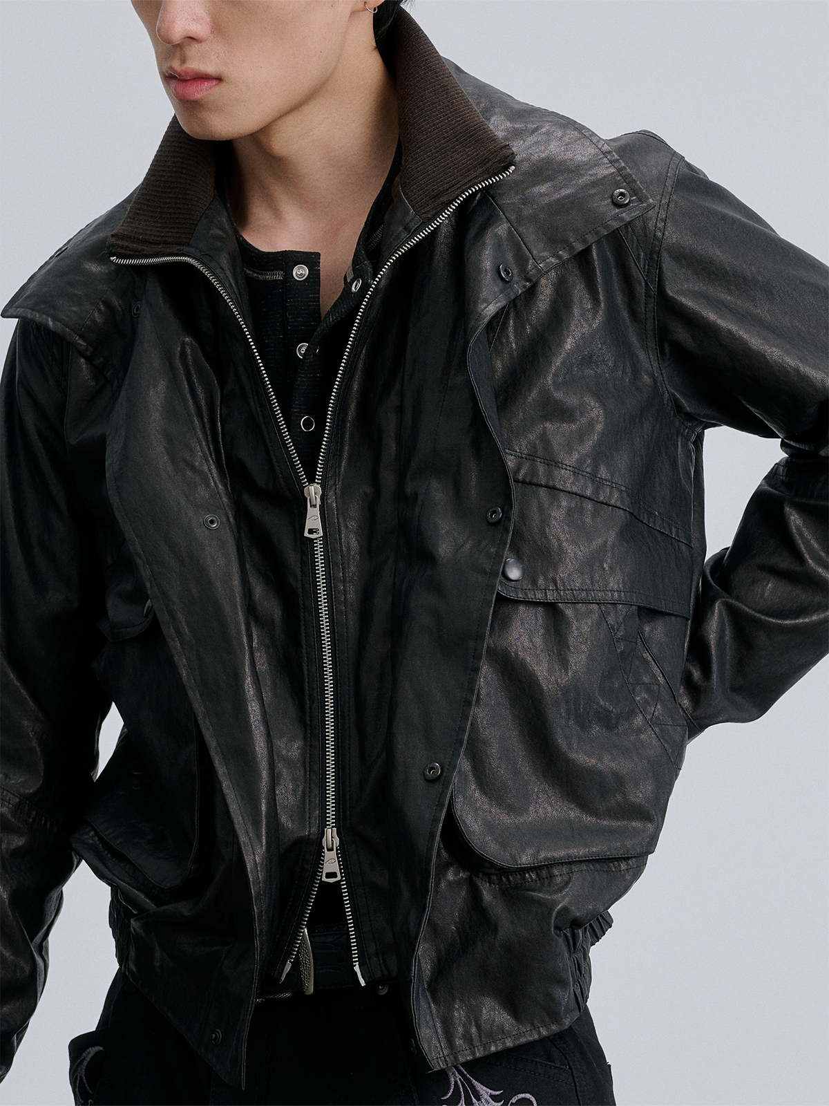 CATSSTAC Retro Spliced Faux Leather Oversized Stand-Collar Jacket