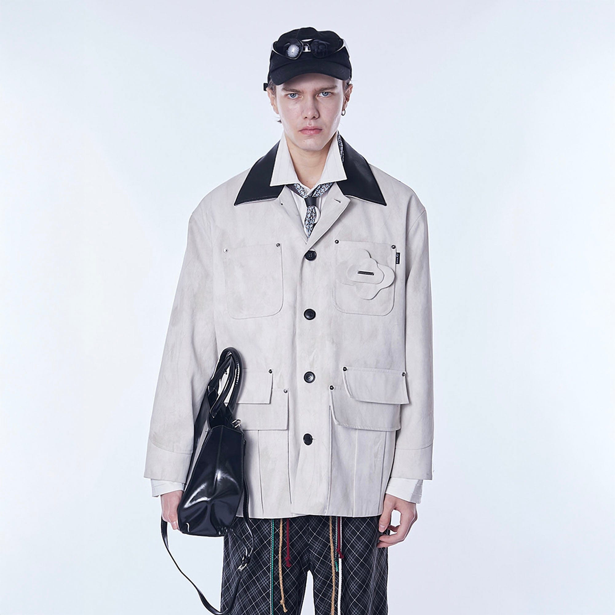 ASSEEN Distressed Panel Leather Collar Barn Jacket, premium urban and streetwear designers apparel on PROJECTISR.com, ASSEEN