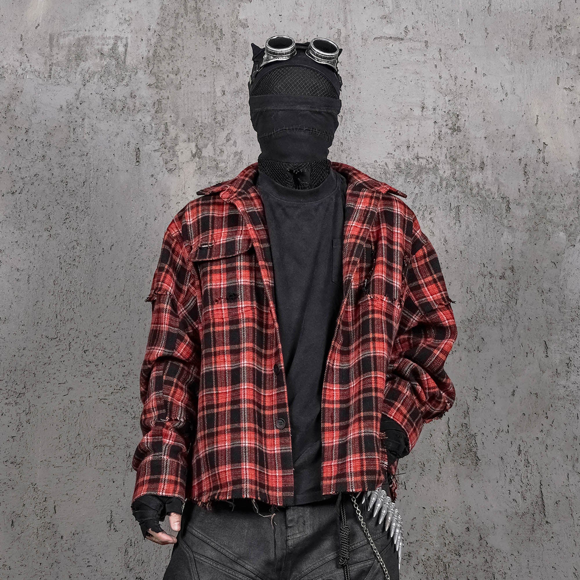 UNDERWATER Crimson Ruin Distressed Plaid Shirt Jacket, premium urban and streetwear designers apparel on PROJECTISR.com, UNDERWATER