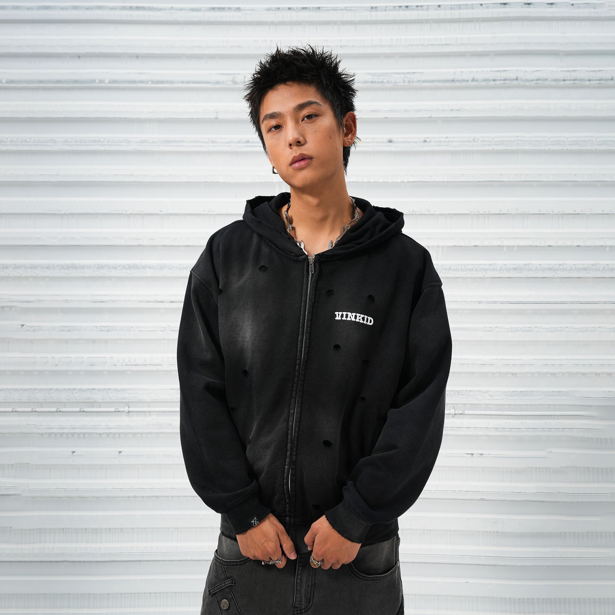 VINKID Distressed Worn Logo Zip Hooded Jacket, premium urban and streetwear designers apparel on PROJECTISR.com, VINKID