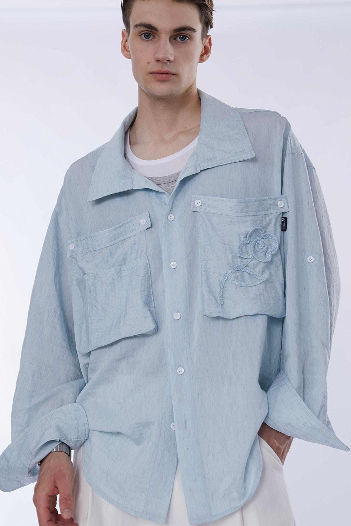 ASSEEN Rose Embroidered Pocket Linen-Blended Overshirt, premium urban and streetwear designers apparel on PROJECTISR.com, ASSEEN