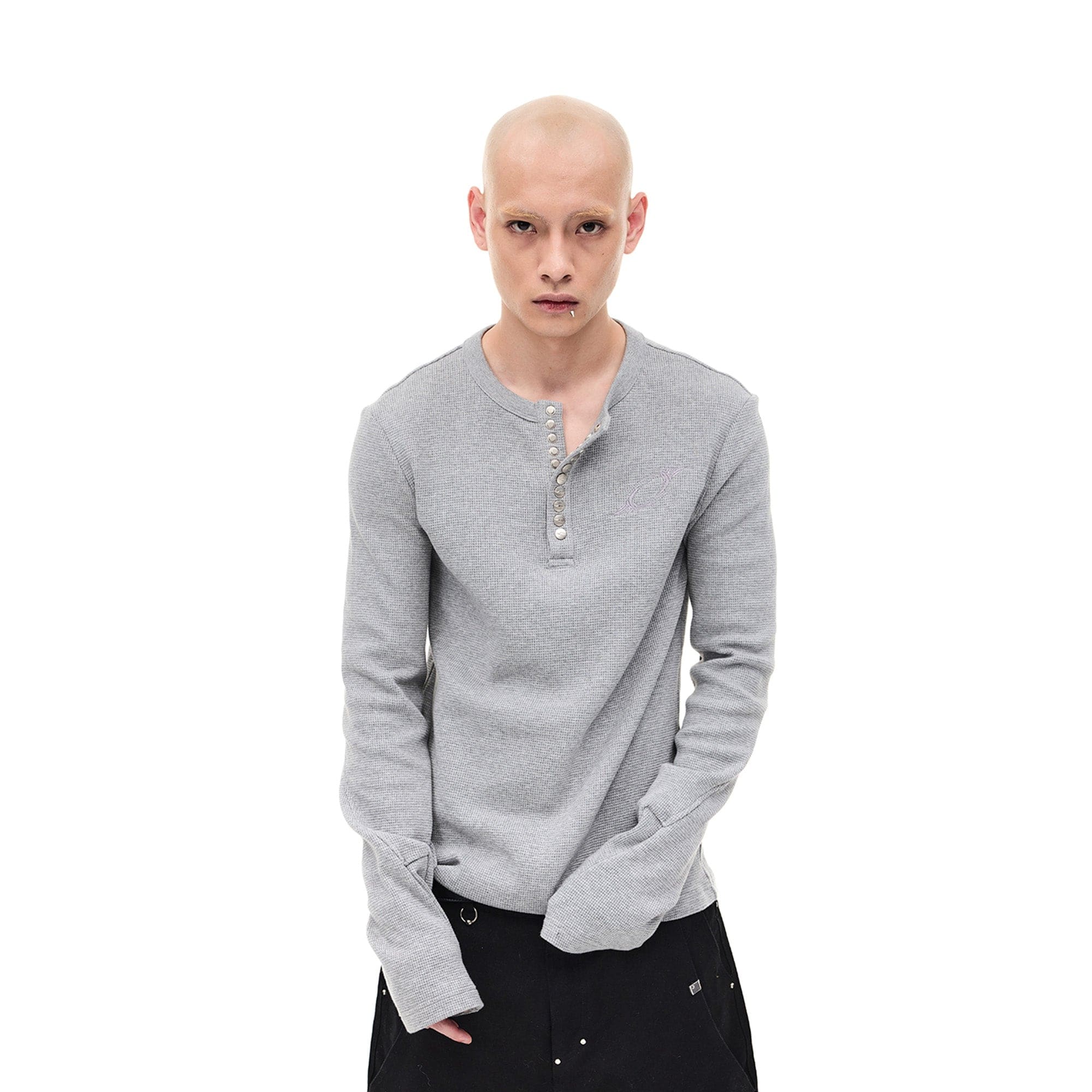 WHISTLEHUNTER Waffle-Knit Snap Henley Long-Sleeve Tee, premium urban and streetwear designers apparel on PROJECTISR.com, WHISTLEHUNTER