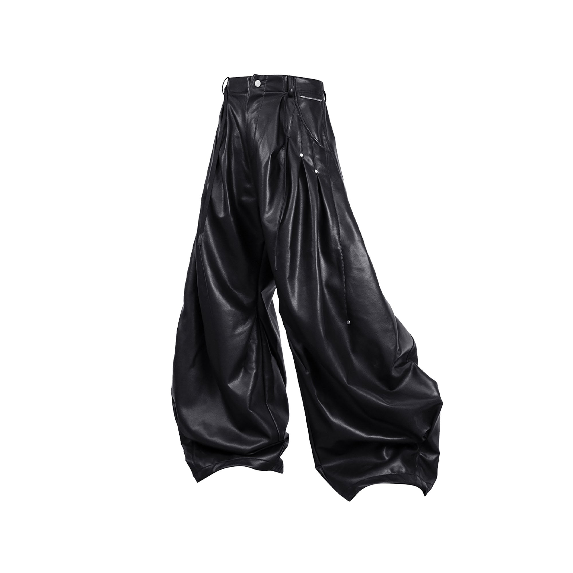 RELABEL Pleated Rivet Oversized PU Pants, premium urban and streetwear designers apparel on PROJECTISR.com, RELABEL
