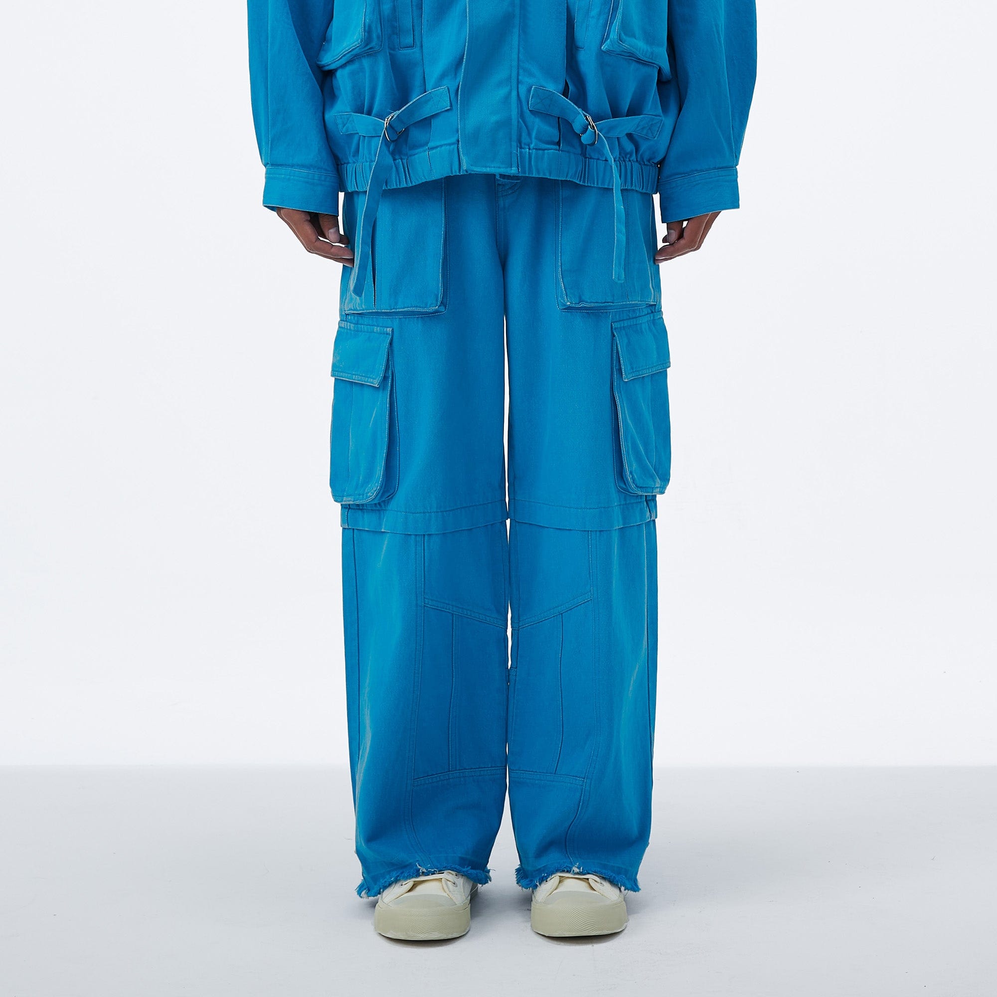 VANN VALRENCE Distressed Utility Frayed-Hem Denim Cargo Pants