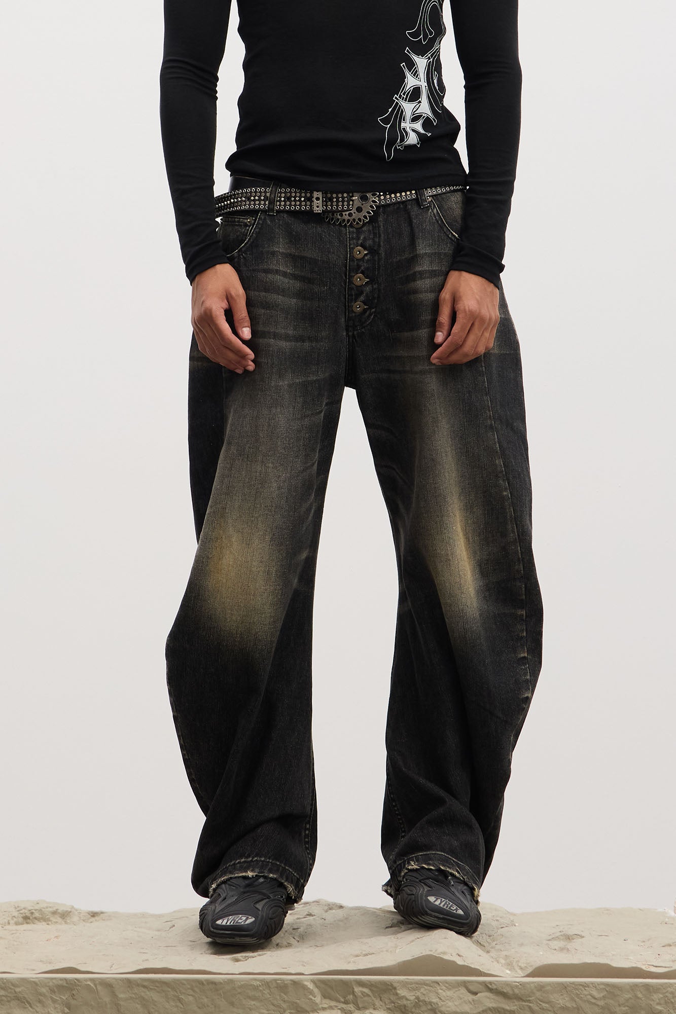 DND4DES Washed Button-Up Balloon-Leg Jeans, premium urban and streetwear designers apparel on PROJECTISR.com, DND4DES