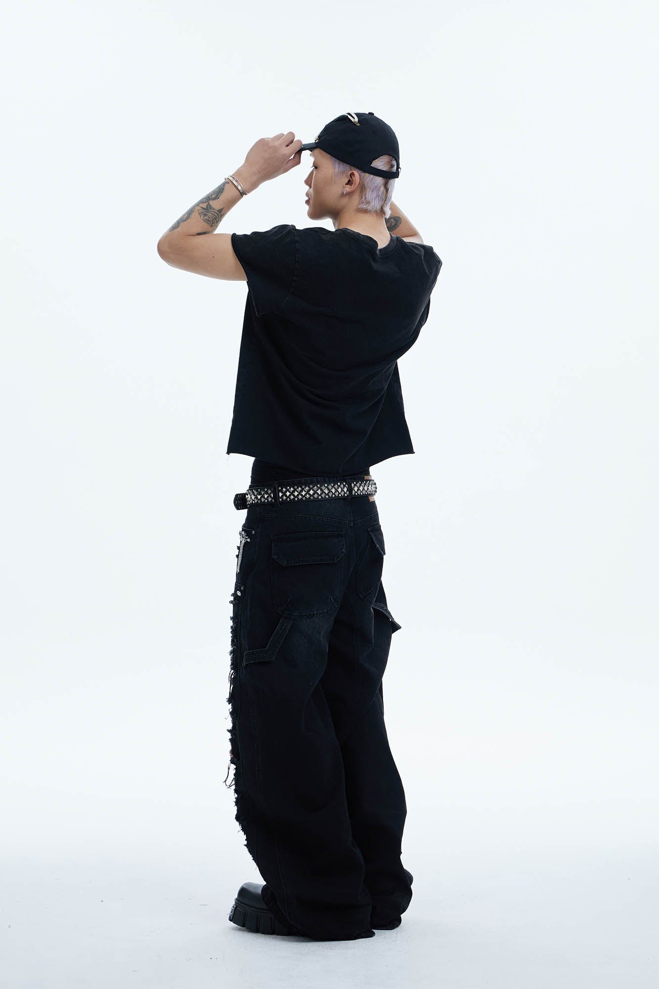 DND4DES Shredded Rivet-Paneled Baggy Jeans, premium urban and streetwear designers apparel on PROJECTISR.com, DND4DES