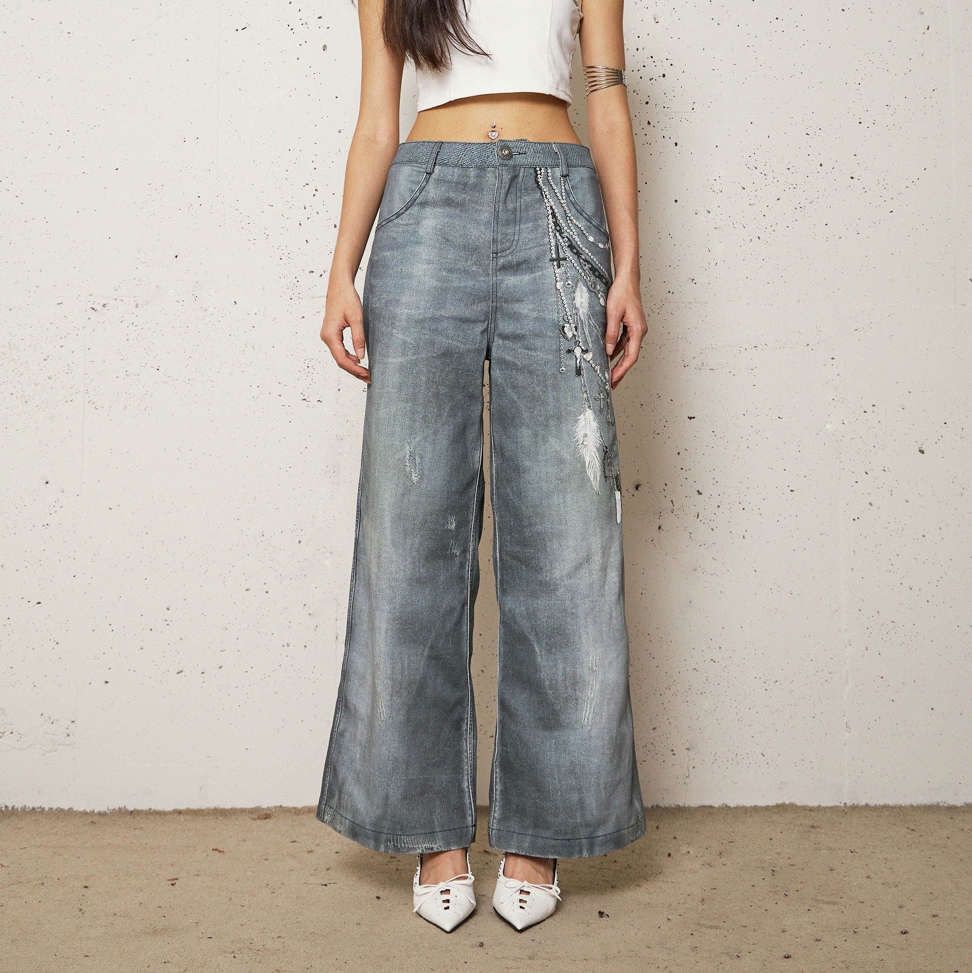 DND4DESxFaychui Pearl Chain Graphics Distressed Flared Jeans, premium urban and streetwear designers apparel on PROJECTISR.com, DND4DES
