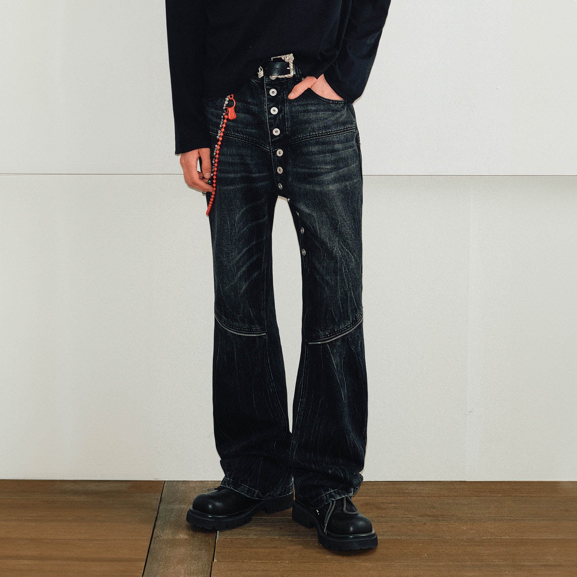 KREATE Arc Spliced Extended Button-Fly Jeans, premium urban and streetwear designers apparel on PROJECTISR.com, KREATE