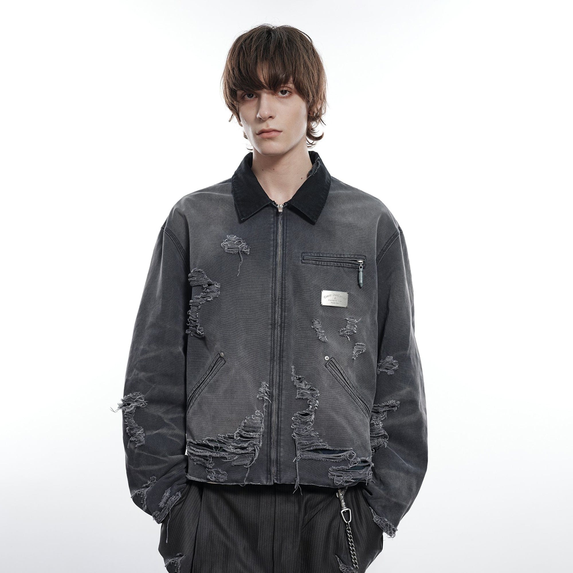 FACEONLAB Raw-Edge Ripped Rivet Metal Emblem Jacket Grey, premium urban and streetwear designers apparel on PROJECTISR.com, FACEONLAB