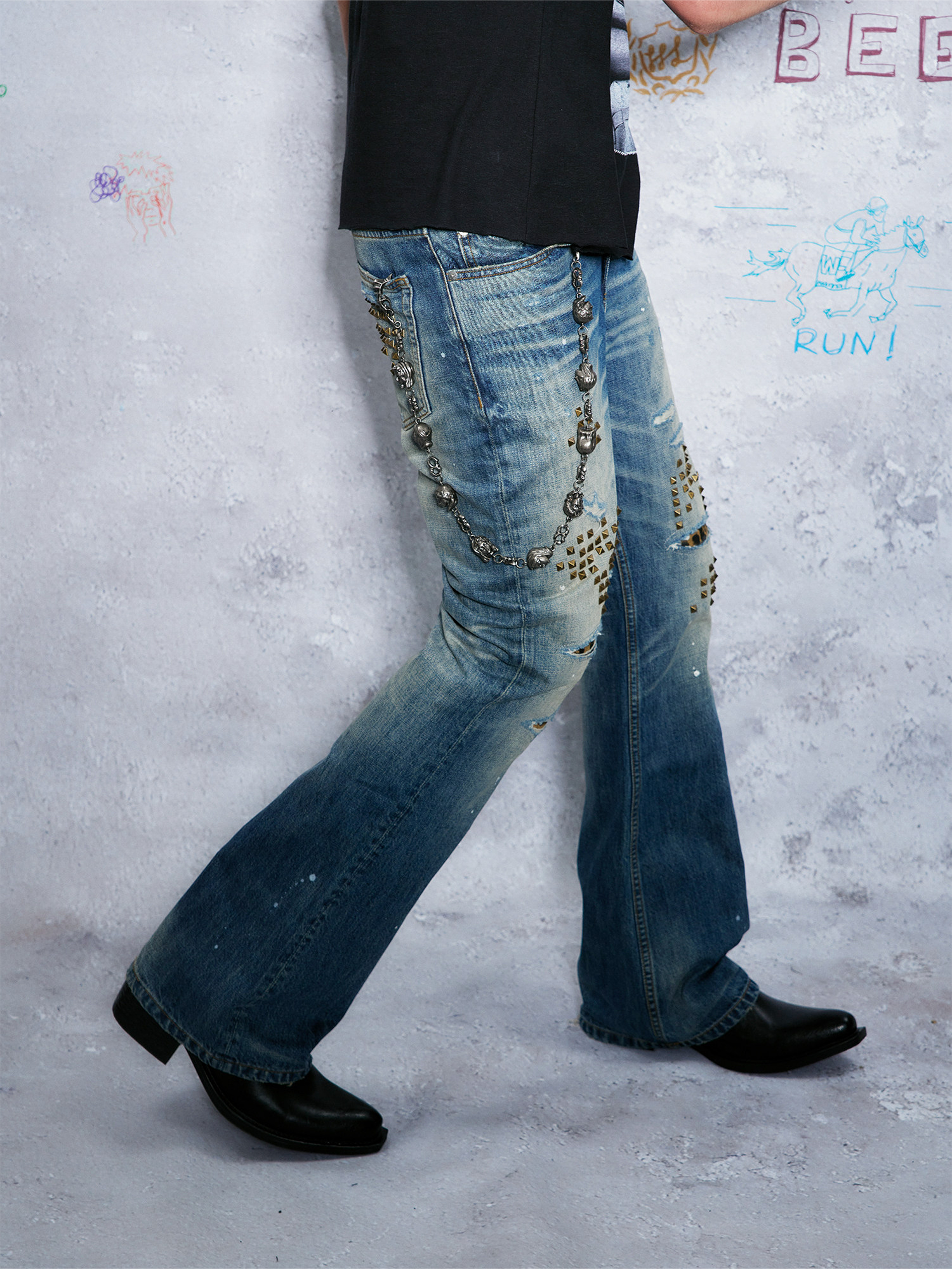 WANNA LAB Distressed Leopard Patch Studded Paint-Splattered Flared Jeans