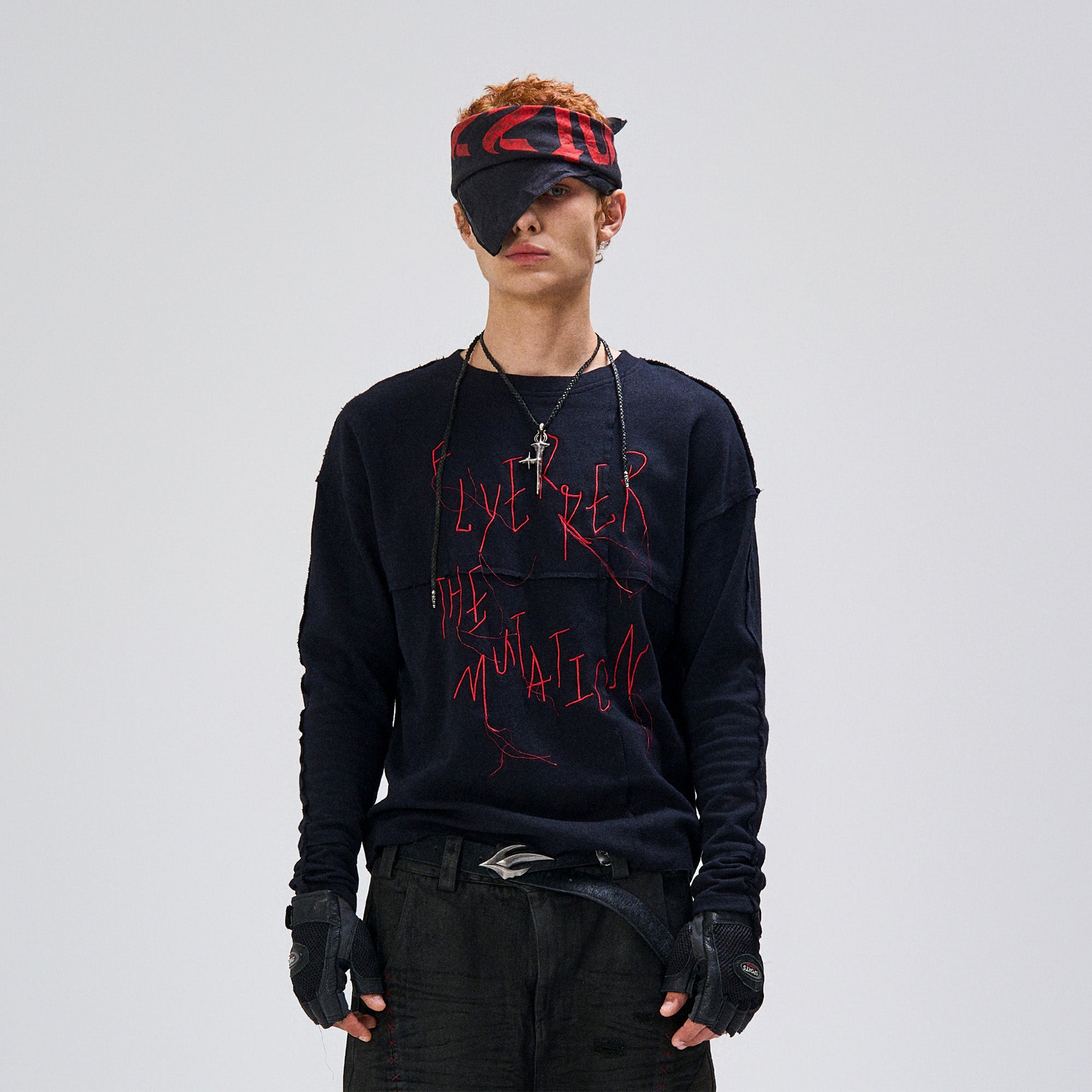 FLYERRER Cross-Panel Contrast Frayed Embroidered Long-Sleeve Tee, premium urban and streetwear designers apparel on PROJECTISR.com, FLYERRER