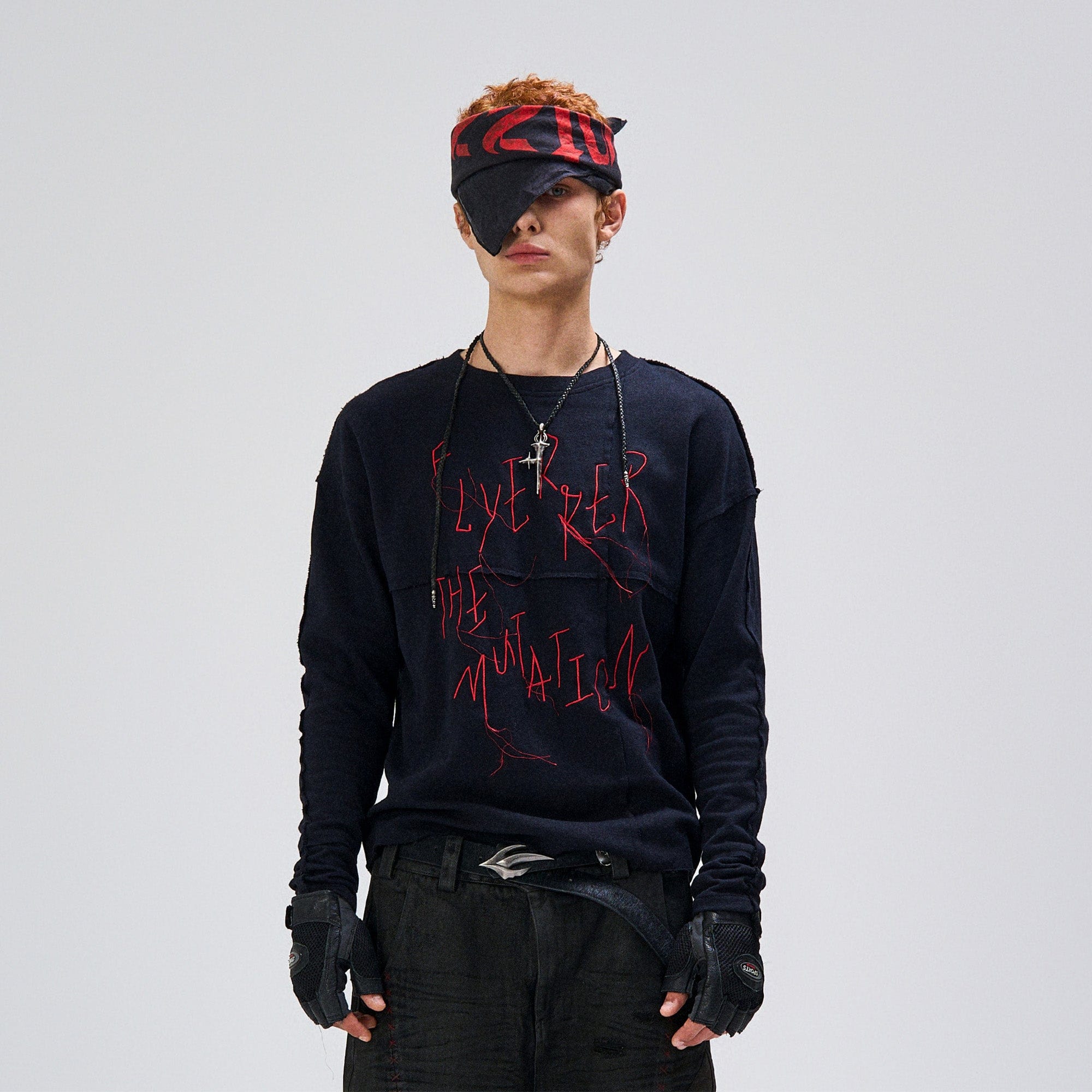 FLYERRER Cross-Panel Contrast Frayed Embroidered Long-Sleeve Tee, premium urban and streetwear designers apparel on PROJECTISR.com, FLYERRER