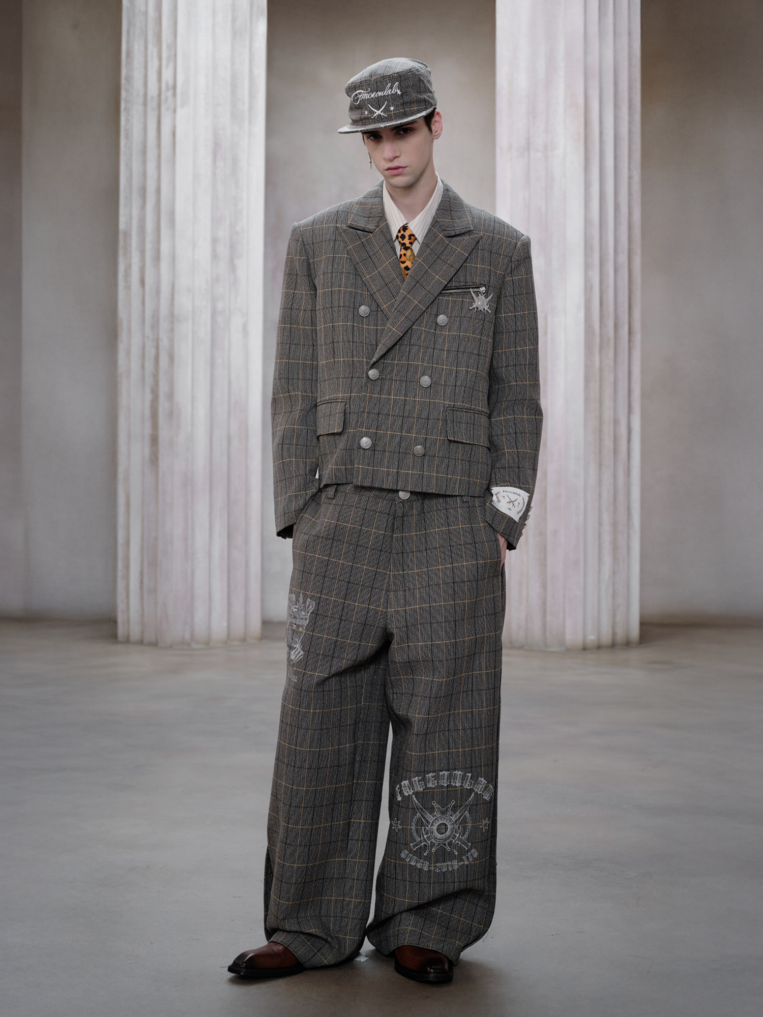 FACEONLAB Contrast Double-Waist Plaid Graphic Trousers, premium urban and streetwear designers apparel on PROJECTISR.com, FACEONLAB