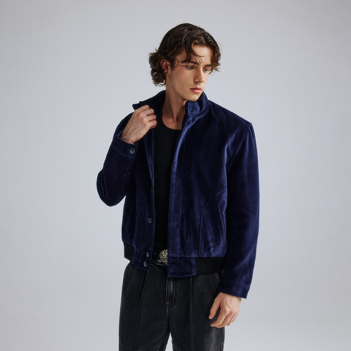 IN EXISTENCE Velvet-Texture Spliced Short Jacket