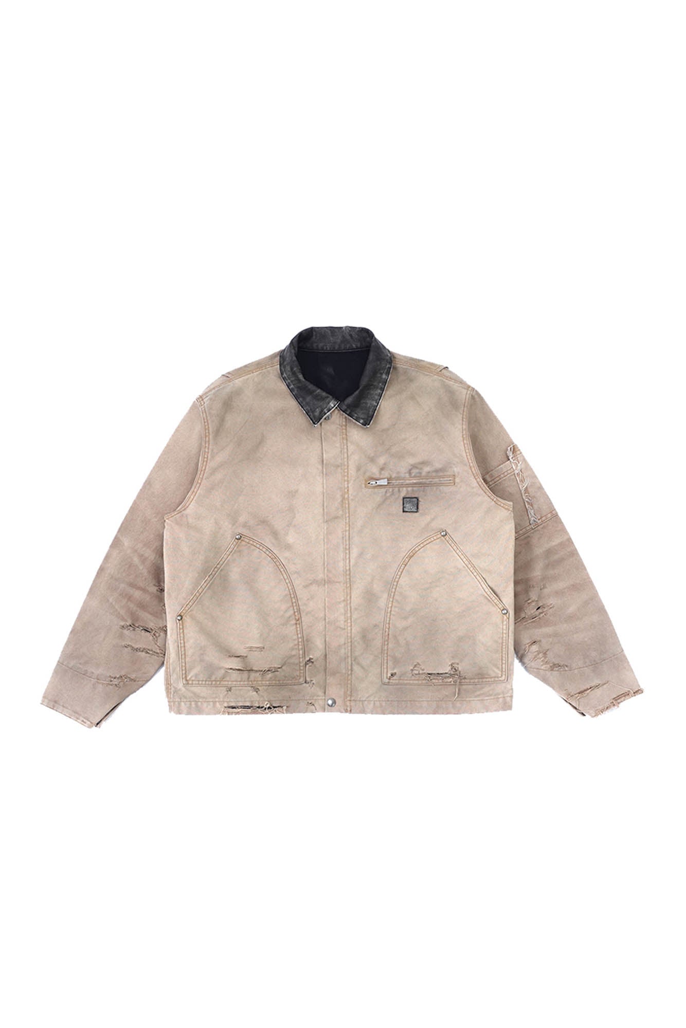 IN EXISTENCE Dirty-Washed Contrast Collar Detroit Jacket, premium urban and streetwear designers apparel on PROJECTISR.com, IN EXISTENCE
