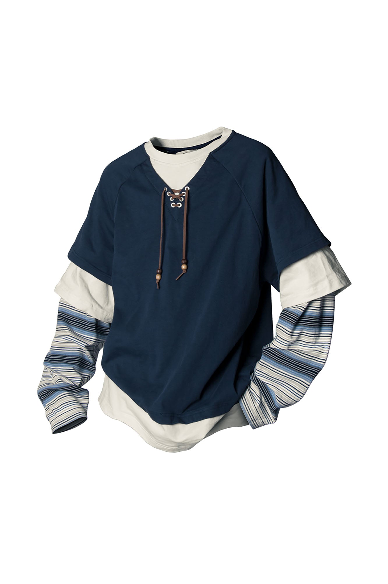 RELABEL Layered Stripe-Sleeve Lace-Up Sweatshirt Blue, premium urban and streetwear designers apparel on PROJECTISR.com, RELABEL