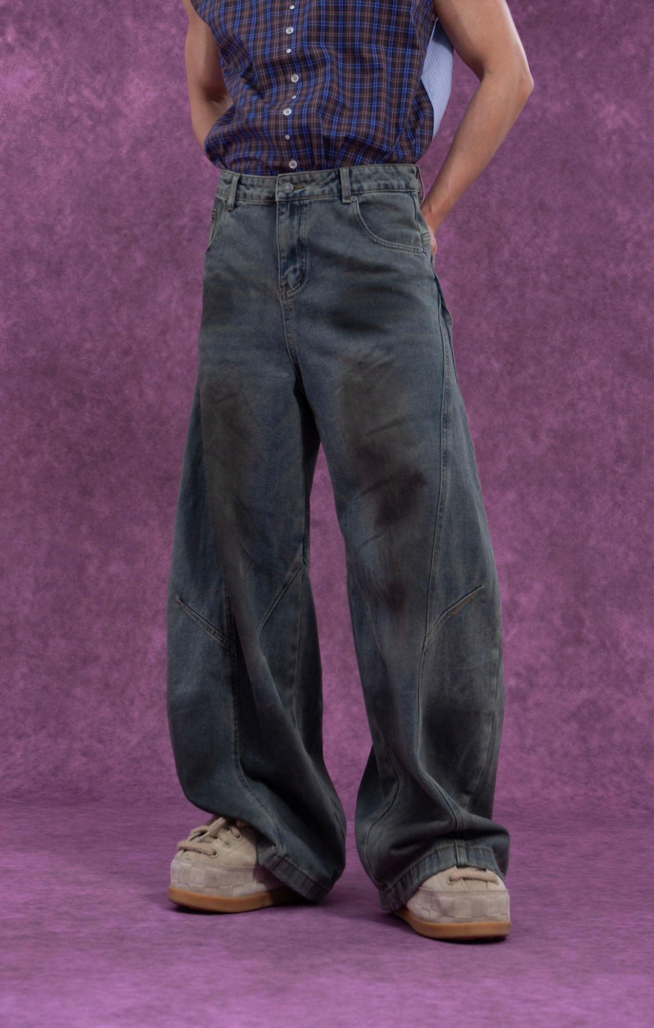 CLP Distressed Slant Panel Oversized Flared Jeans, premium urban and streetwear designers apparel on PROJECTISR.com, CLP