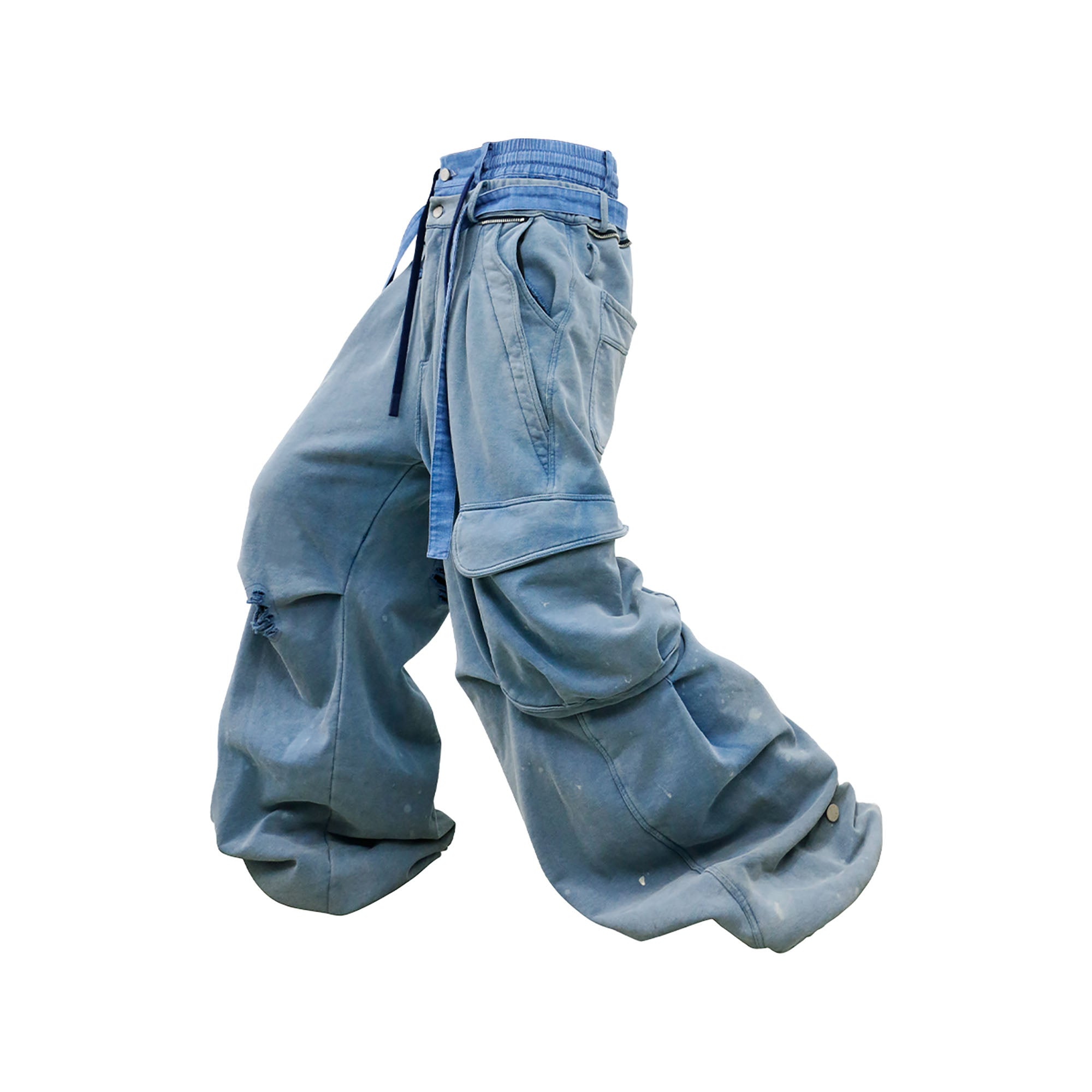 RELABEL Distressed Splatter Double-Waist Cargo Pants, premium urban and streetwear designers apparel on PROJECTISR.com, RELABEL