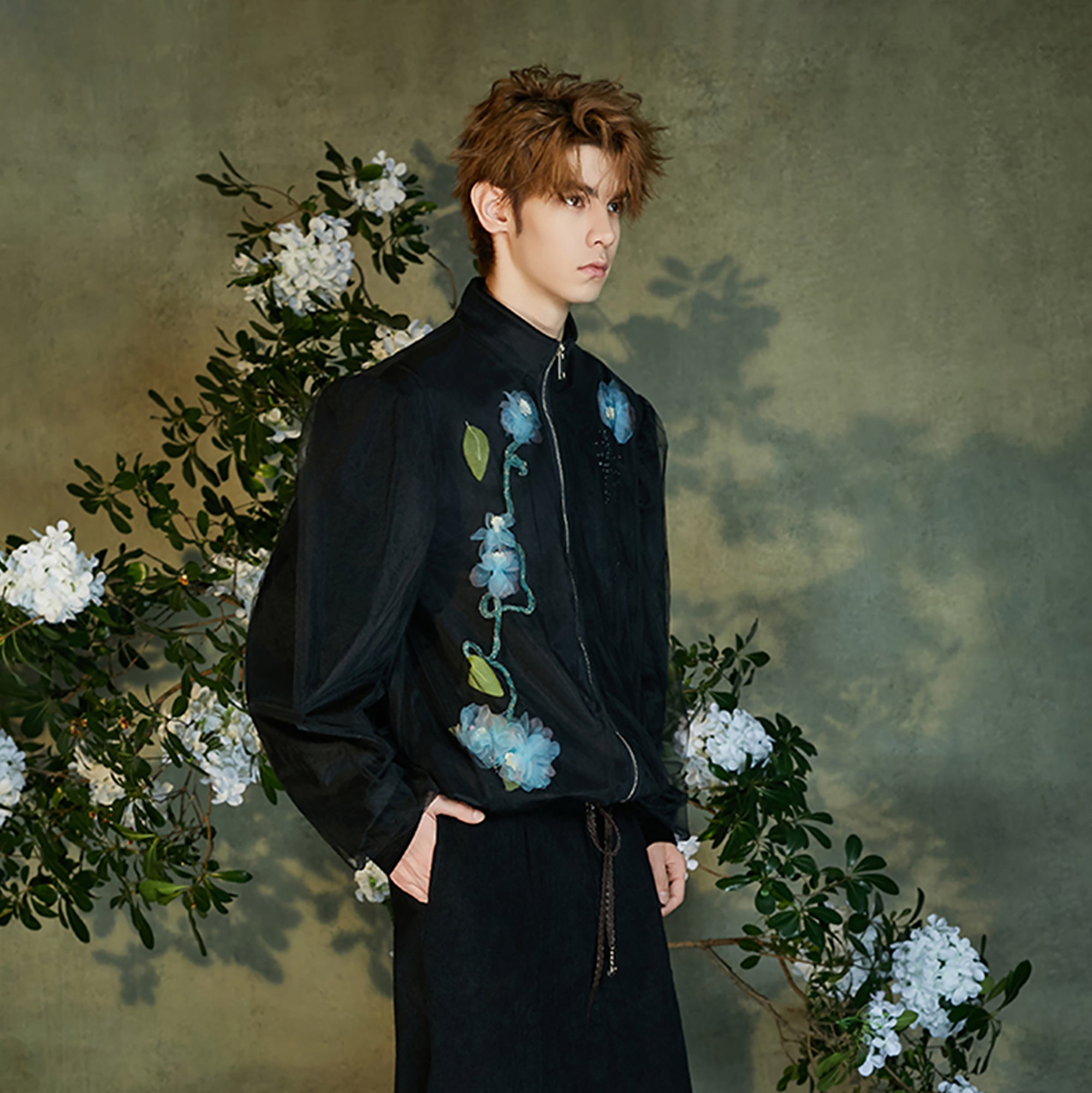 JIECHI Floral Embellished Velvet Sheer Layer Jacket