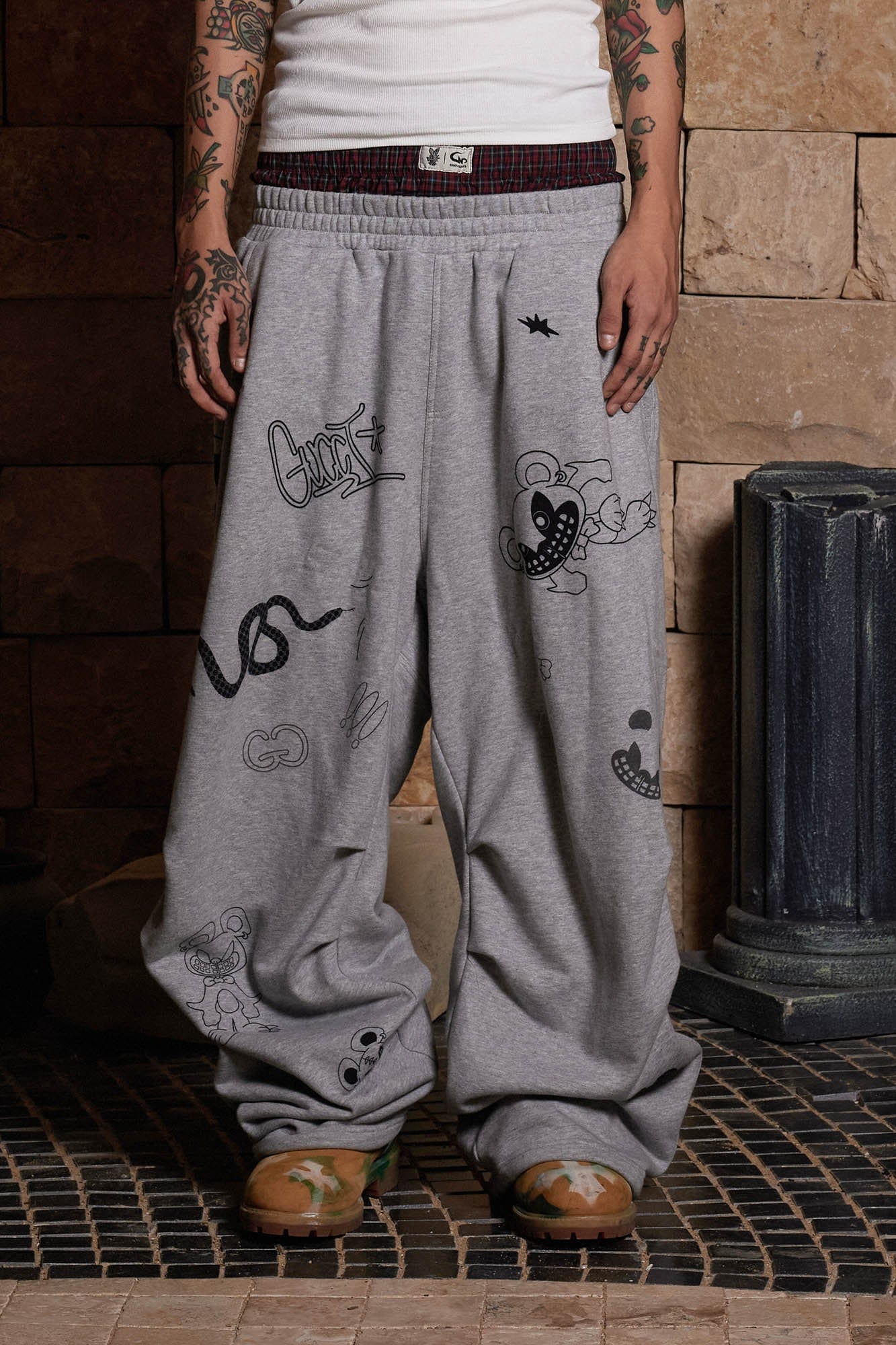 DND4DES Graffiti Crinkled Wide-Leg Sweatpants, premium urban and streetwear designers apparel on PROJECTISR.com, DND4DES
