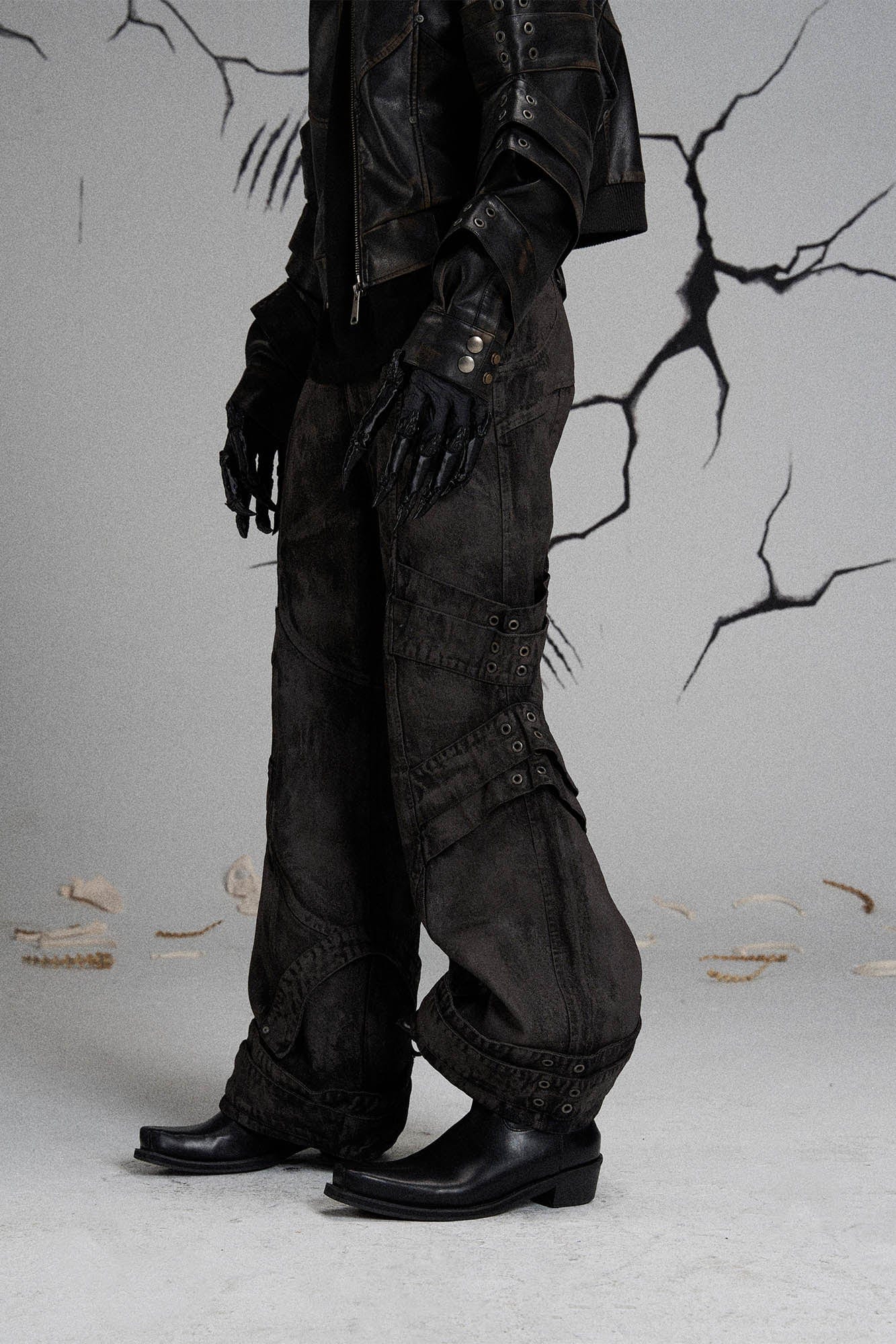 FLYERRER Mutation Layered Strap Distressed Wide-Leg Pants, premium urban and streetwear designers apparel on PROJECTISR.com, FLYERRER