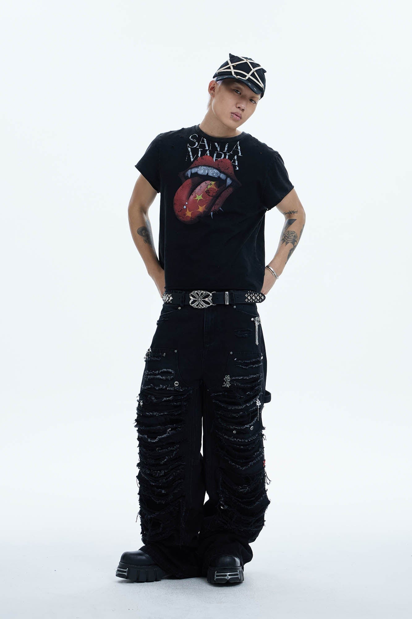 DND4DES Shredded Rivet-Paneled Baggy Jeans, premium urban and streetwear designers apparel on PROJECTISR.com, DND4DES