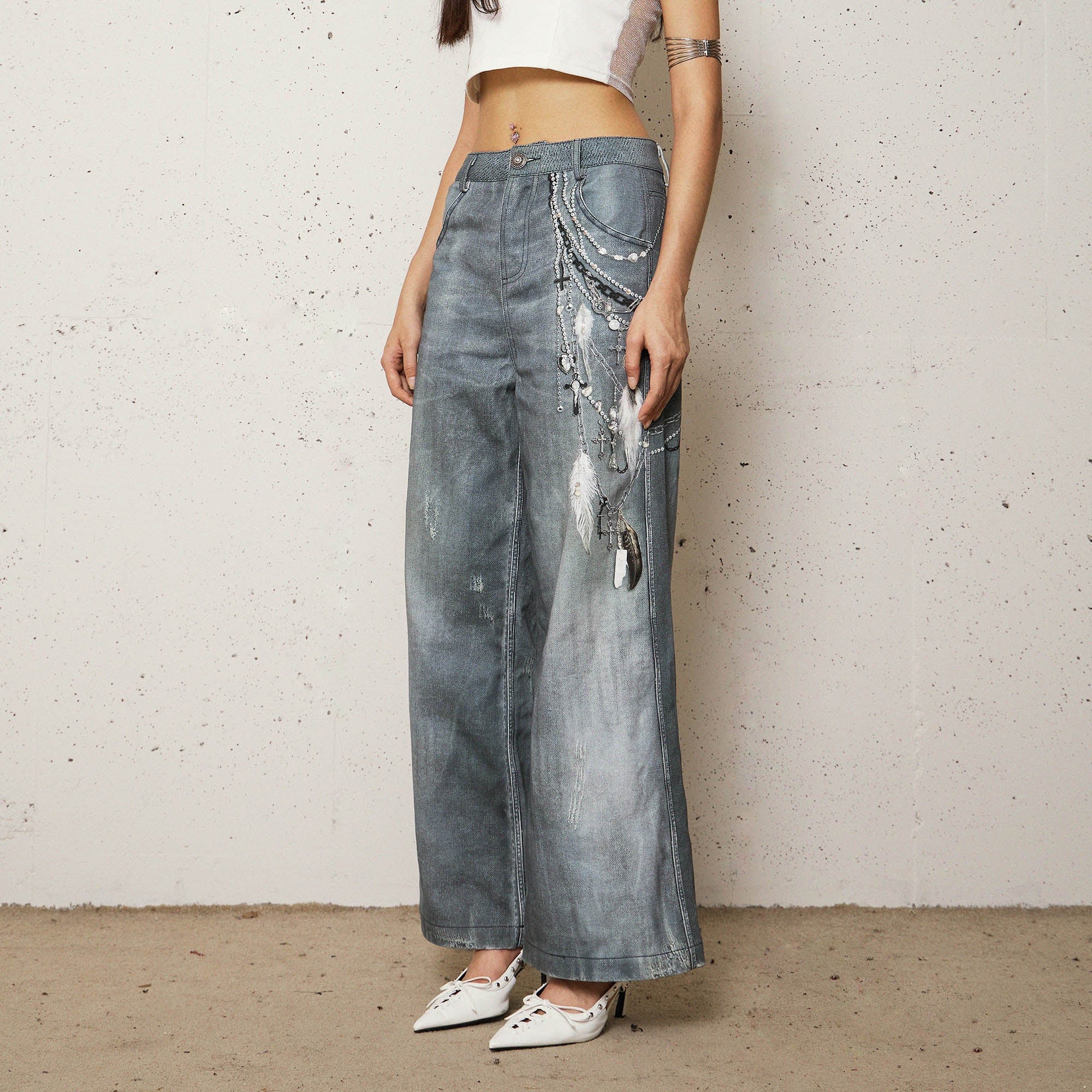 DND4DESxFaychui Pearl Chain Graphics Distressed Flared Jeans, premium urban and streetwear designers apparel on PROJECTISR.com, DND4DES