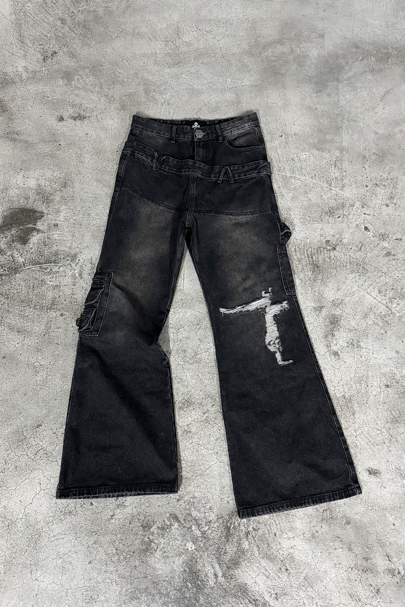 ANTI WAR REVIVAL Double Waistband Distressed Washed Flared Jeans