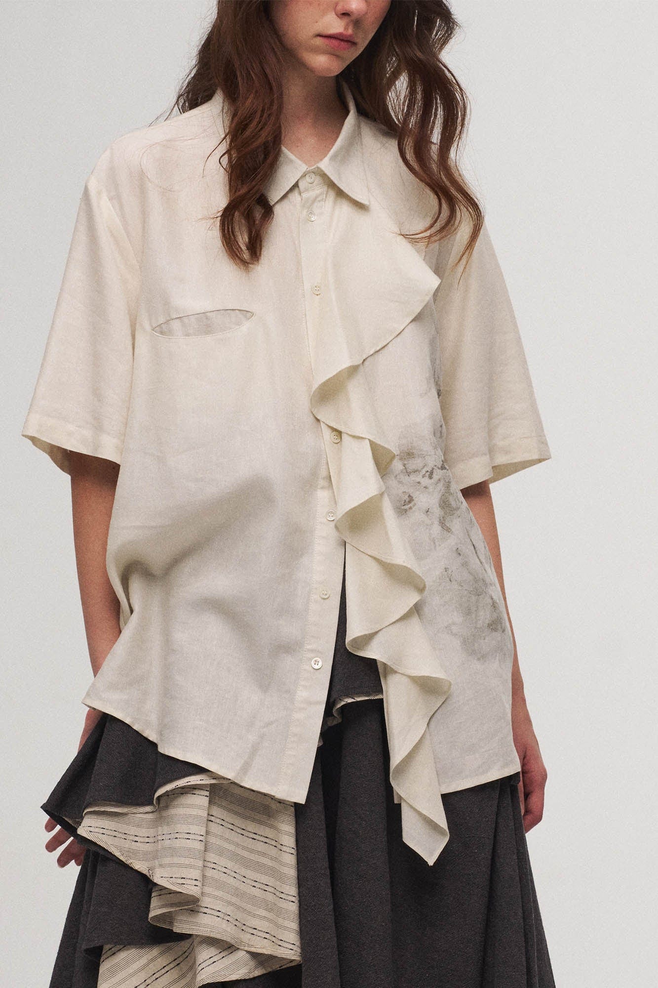 ILNya Nieternite Nifutur Asymmetrical Ruffle Iris Half Shirt, premium urban and streetwear designers apparel on PROJECTISR.com, ILNya Nieternite Nifutur