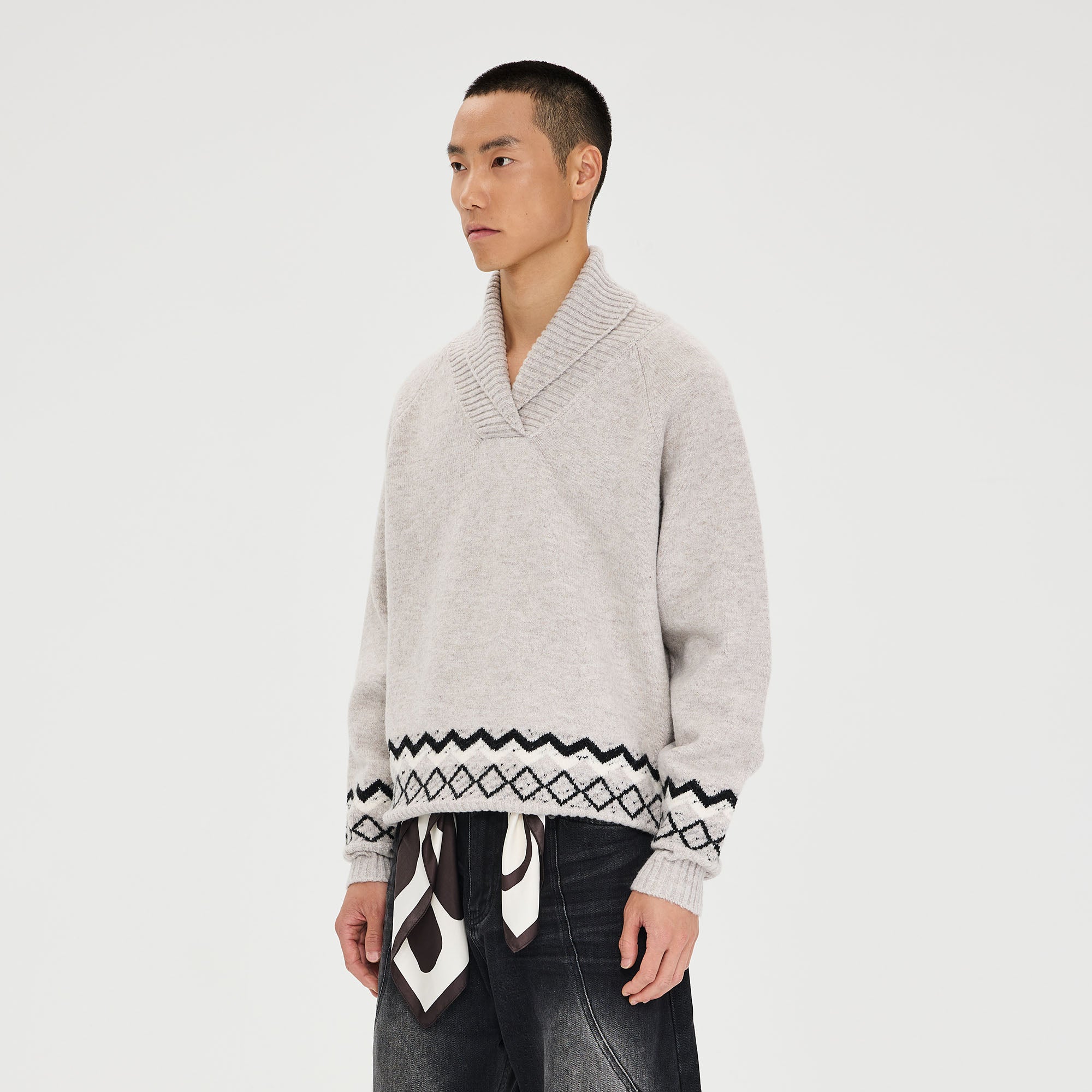 CATSSTAC Nordic Pattern Hem Shawl Collar Sweater, premium urban and streetwear designers apparel on PROJECTISR.com, CATSSTAC