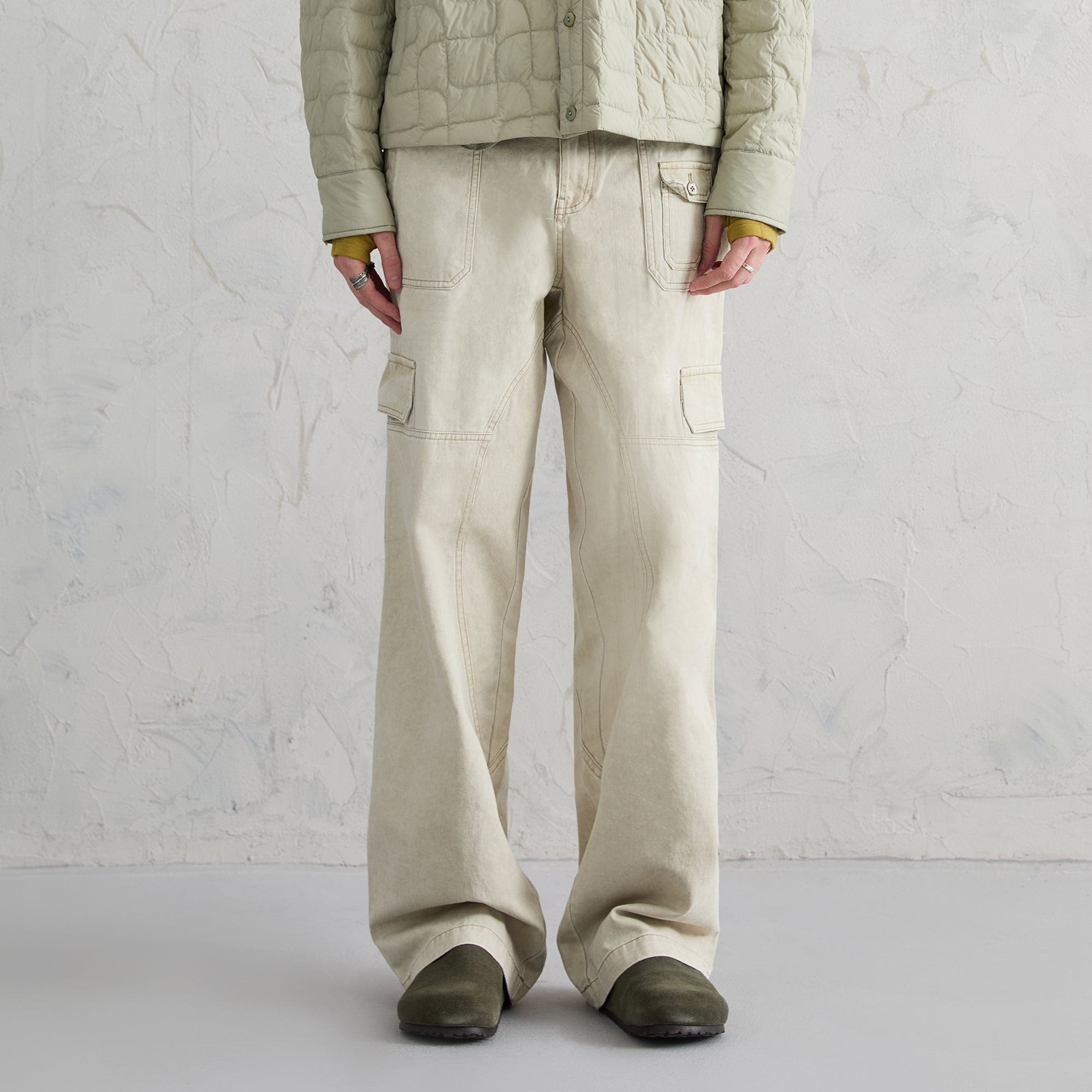 ORGANIC EMOTION Deconstructed Layered-pocket Button Pants, premium urban and streetwear designers apparel on PROJECTISR.com, ORGANIC EMOTION