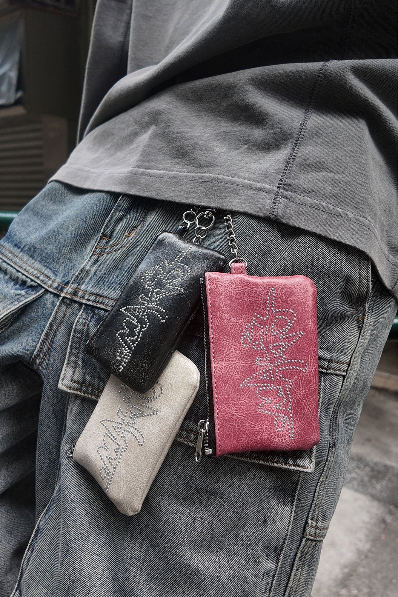 MAKEMORE Cracked Faux Leather Studded Mini Pouch