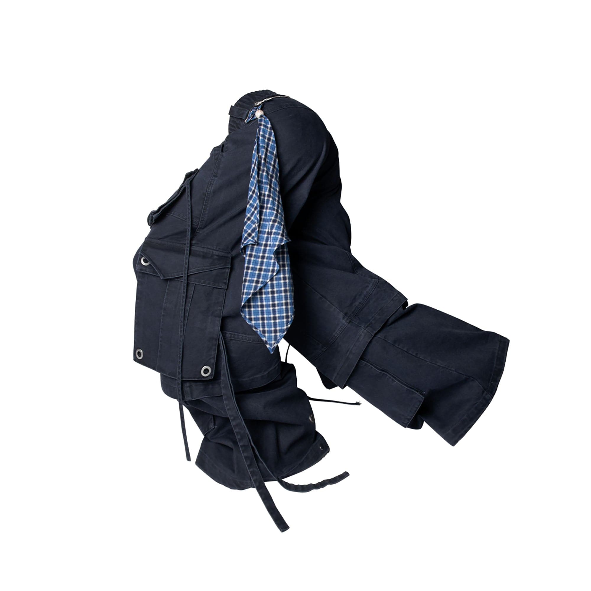 RELABEL Multi-Pocket Detachable Scarf Distressed Cargo Dark Blue, premium urban and streetwear designers apparel on PROJECTISR.com, RELABEL