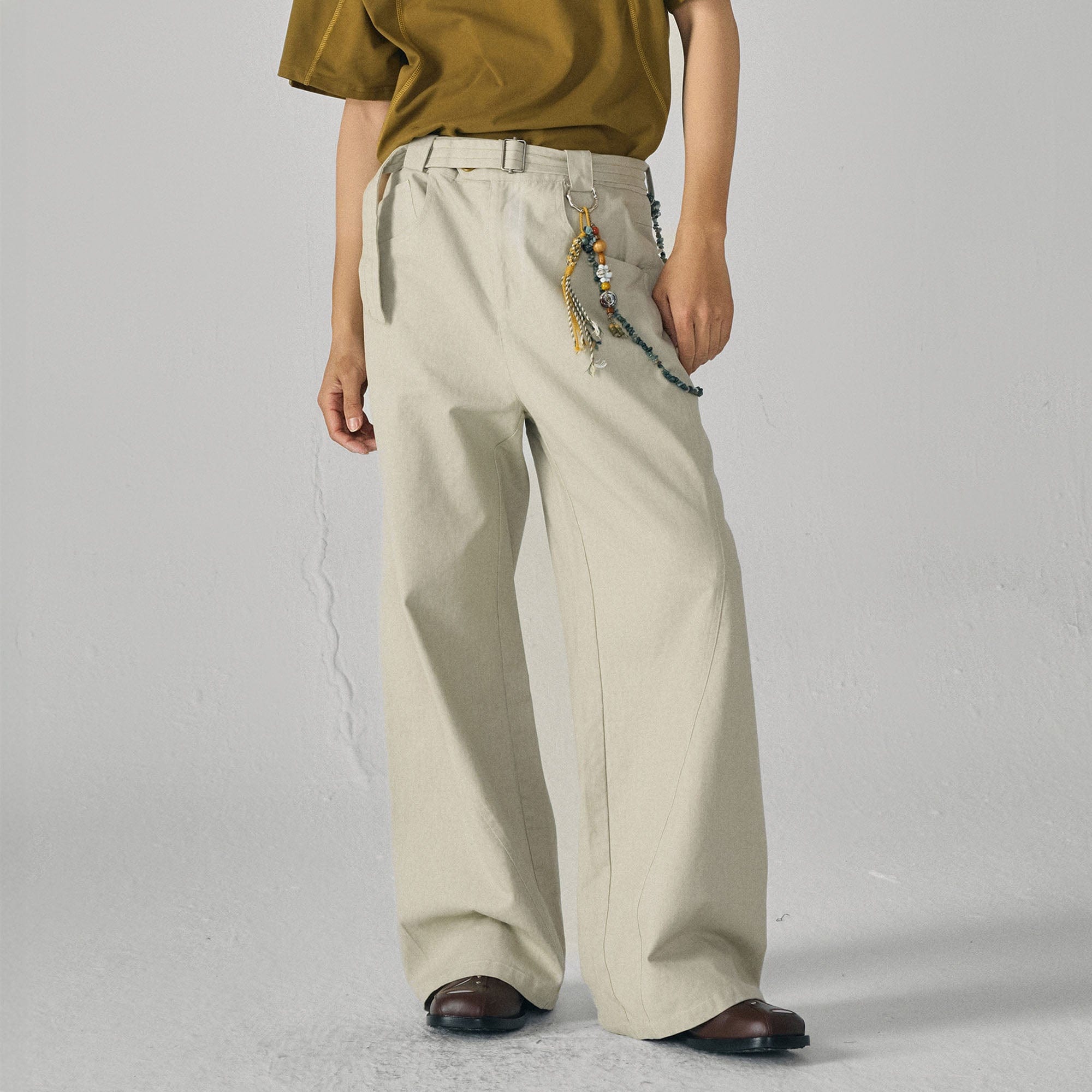 GONGHE REPUB Arc Spliced Strap Belt Pants, premium urban and streetwear designers apparel on PROJECTISR.com, GONGHE REPUB