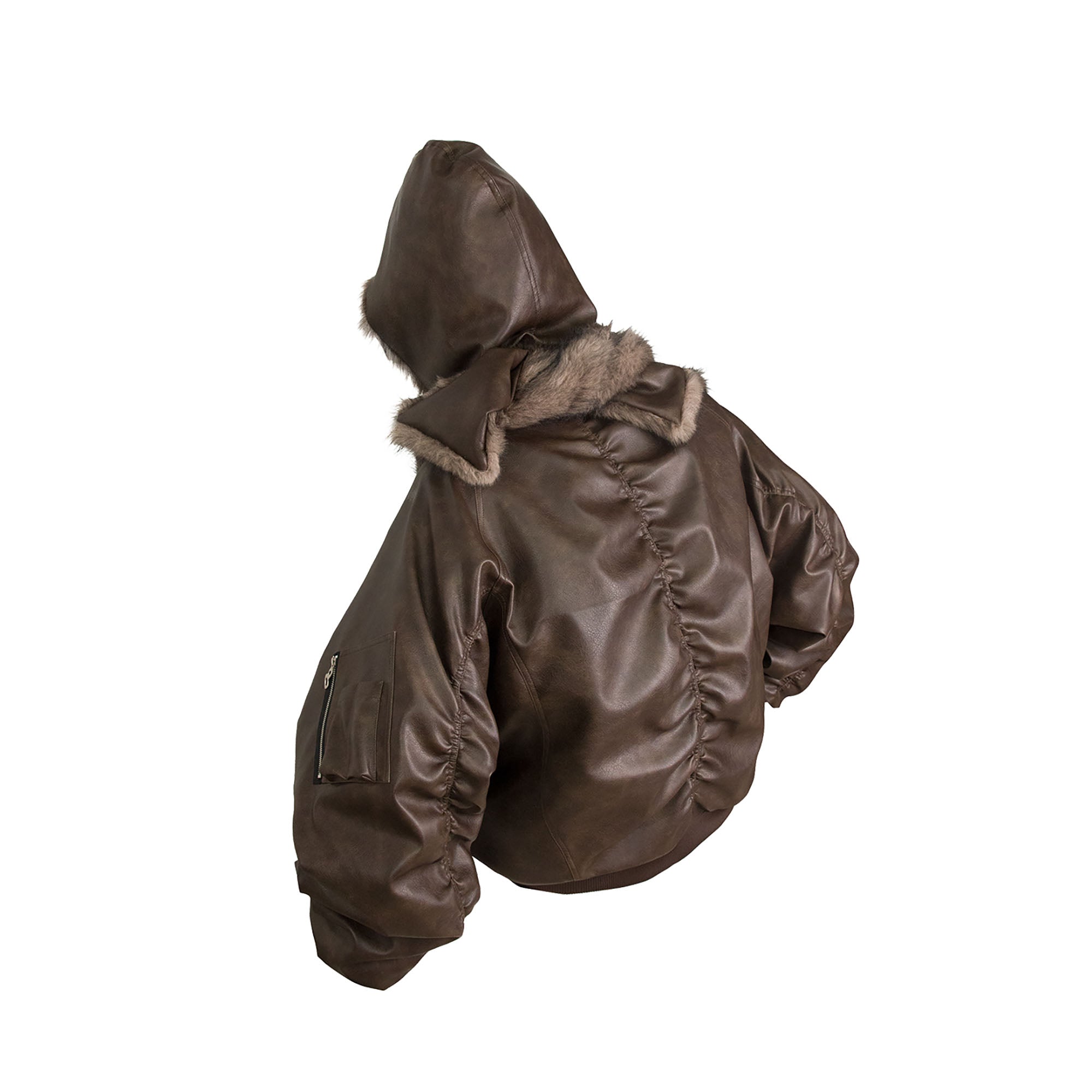 RELABEL Detachable Plush Scarf Ruched Hooded Jacket Brown, premium urban and streetwear designers apparel on PROJECTISR.com, RELABEL