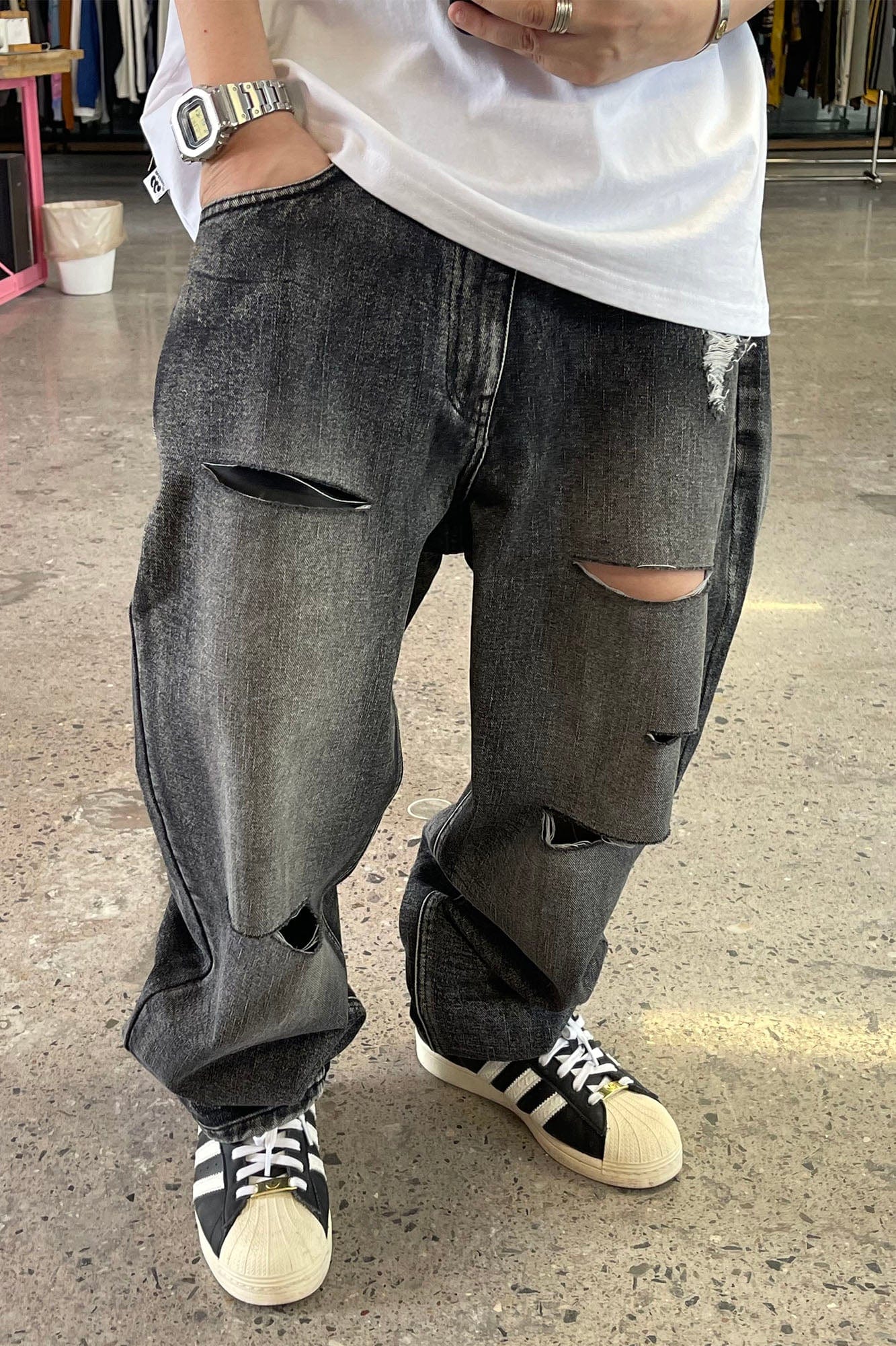 ME DA IGUAL Ripped Distressed Washed Straight-Leg Jeans, premium urban and streetwear designers apparel on PROJECTISR.com, ME DA IGUAL